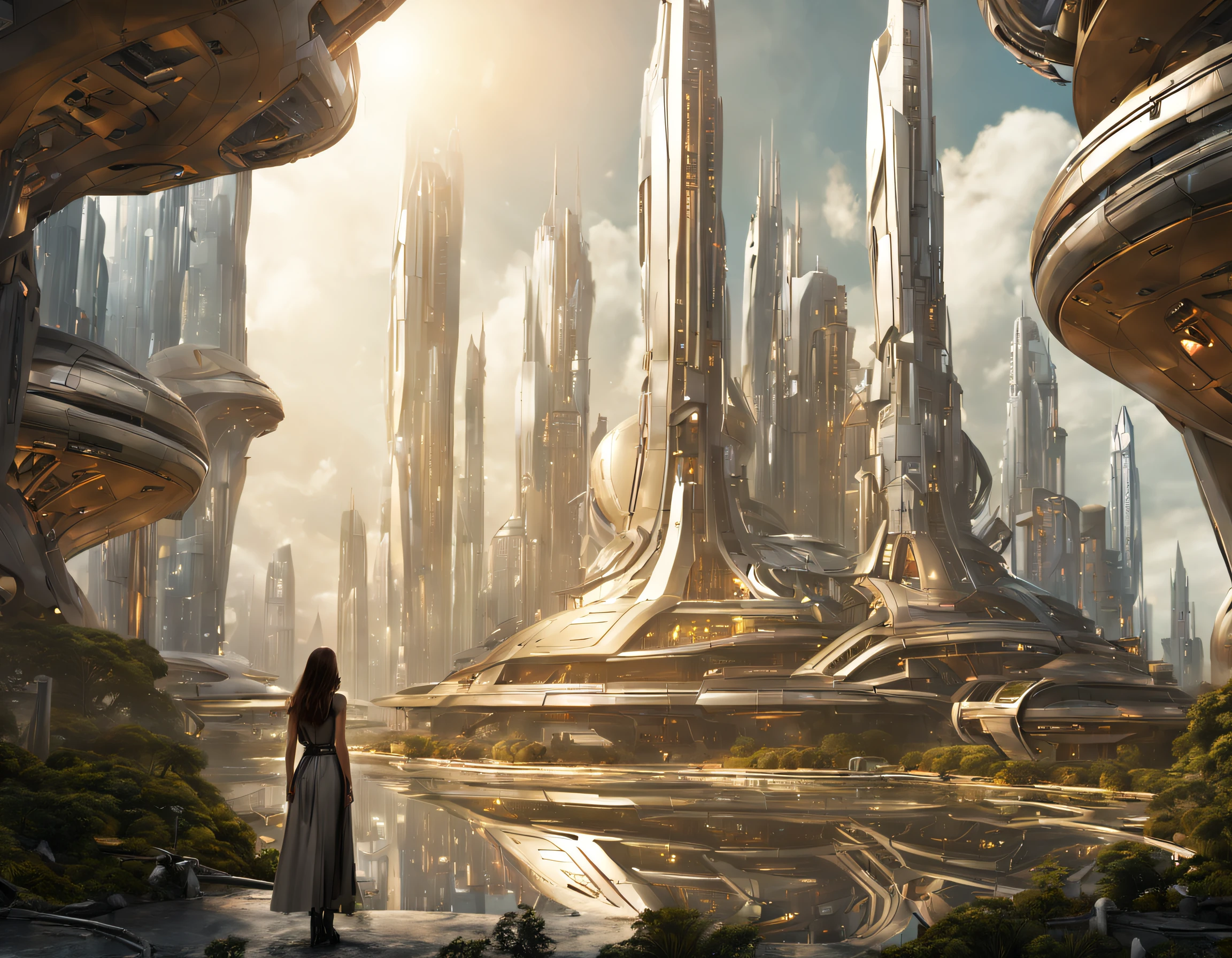 On an unknown planet there is a futuristic city with immense buildings of technological design, con estructuras acristaladas en plata, oro y bronce y maquinarias espectaculares en la que sobrevive un robot femenino espectacular. con colores vivos. pavimento ensolado.