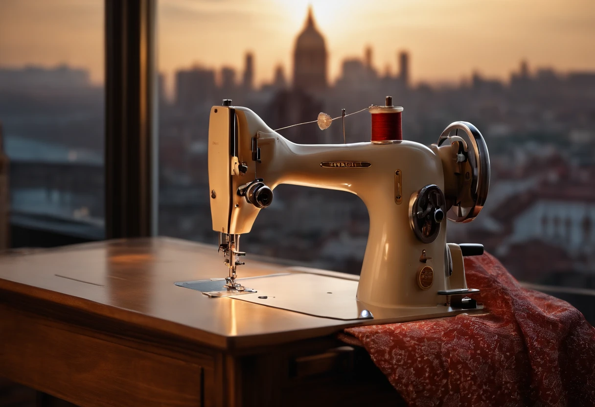 (Best Quality,4k,8K,hight resolution,Masterpiece:1.2),Ultra-detailed,(Realistic,Photorealistic,photo-realistic:1.37),Sewing machine by the open window overlooking the city,Sewing a mannequin next to the machine,illustartion,soft-lighting,Subtle shadows,Stitching,thread,Beautiful detailed machine,Meticulously crafted mannequin,Vintage style,Sewing supplies,Pins and needles,Fabric patterns,Sewing tools,sewing scissors,Button details,Textures of fabrics,View of the cityscape,high buildings,Blurry lights in the distance,cozy atmosphere,Relaxed atmosphere,relax vibe