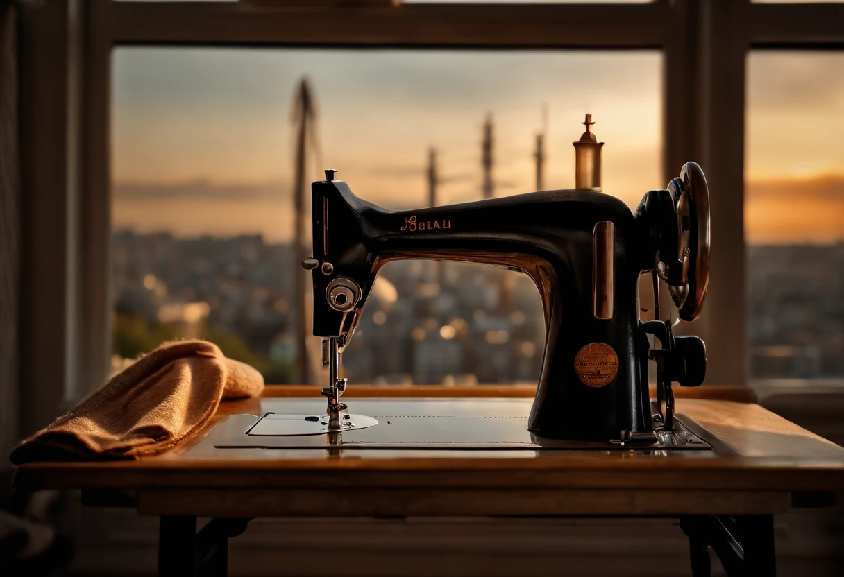 (Best Quality,4k,8K,hight resolution,Masterpiece:1.2),Ultra-detailed,(Realistic,Photorealistic,photo-realistic:1.37),Sewing machine by the open window overlooking the city,Sewing a mannequin next to the machine,illustartion,soft-lighting,Subtle shadows,Stitching,thread,Beautiful detailed machine,Meticulously crafted mannequin,Vintage style,Sewing supplies,Pins and needles,Fabric patterns,Sewing tools,sewing scissors,Button details,Textures of fabrics,View of the cityscape,high buildings,Blurry lights in the distance,cozy atmosphere,Relaxed atmosphere,relax vibe