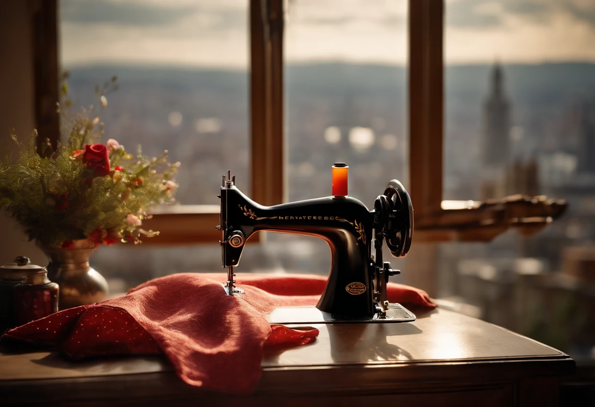 (Best Quality,4k,8K,hight resolution,Masterpiece:1.2),Ultra-detailed,(Realistic,Photorealistic,photo-realistic:1.37),Sewing machine by the open window overlooking the city,Sewing a mannequin next to the machine,illustartion,soft-lighting,Subtle shadows,Stitching,thread,Beautiful detailed machine,Meticulously crafted mannequin,Vintage style,Sewing supplies,Pins and needles,Fabric patterns,Sewing tools,sewing scissors,Button details,Textures of fabrics,View of the cityscape,high buildings,Blurry lights in the distance,cozy atmosphere,Relaxed atmosphere,relax vibe