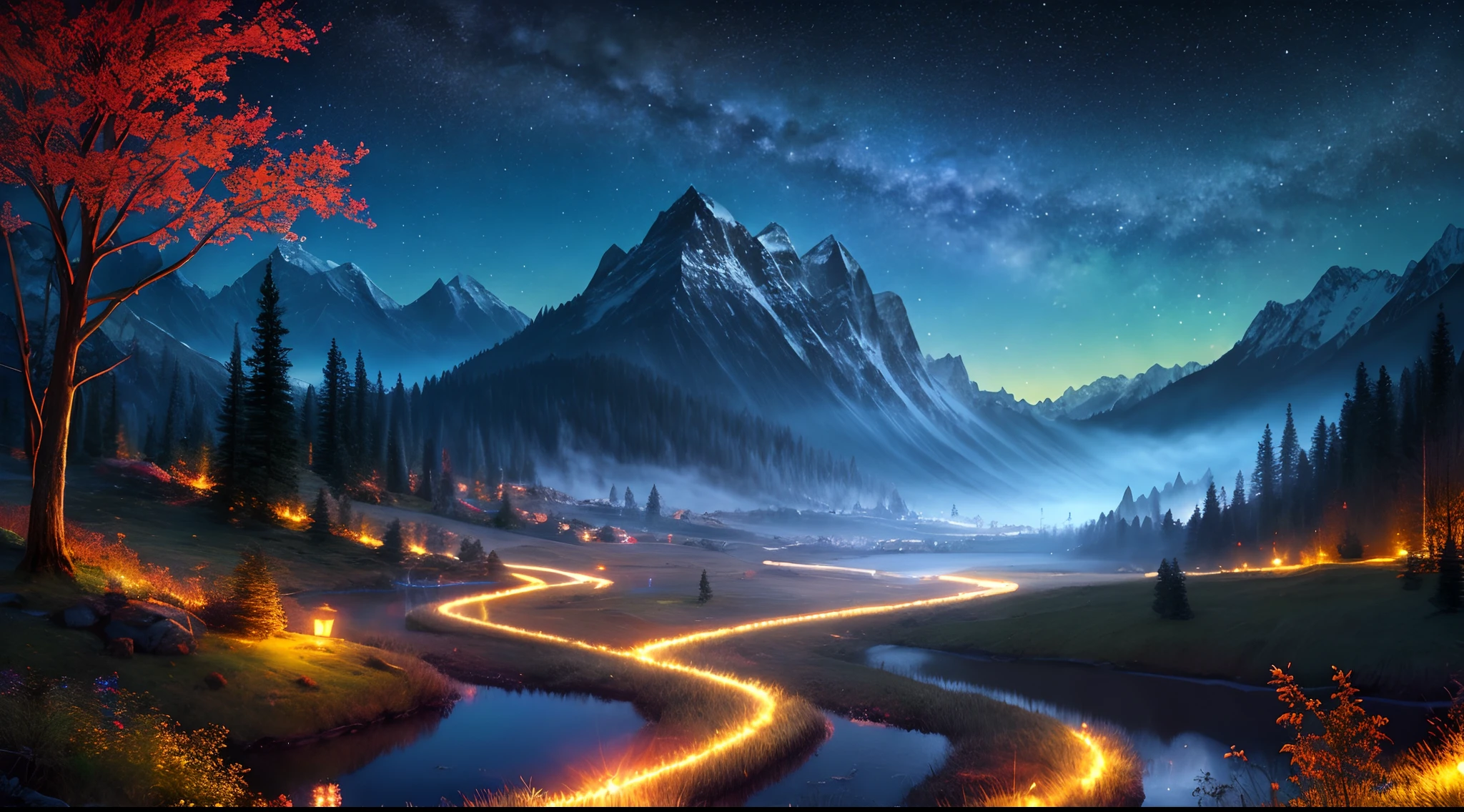 best quality, masterpiece, beautiful wild and natural fantasy landscape with glowing lights
