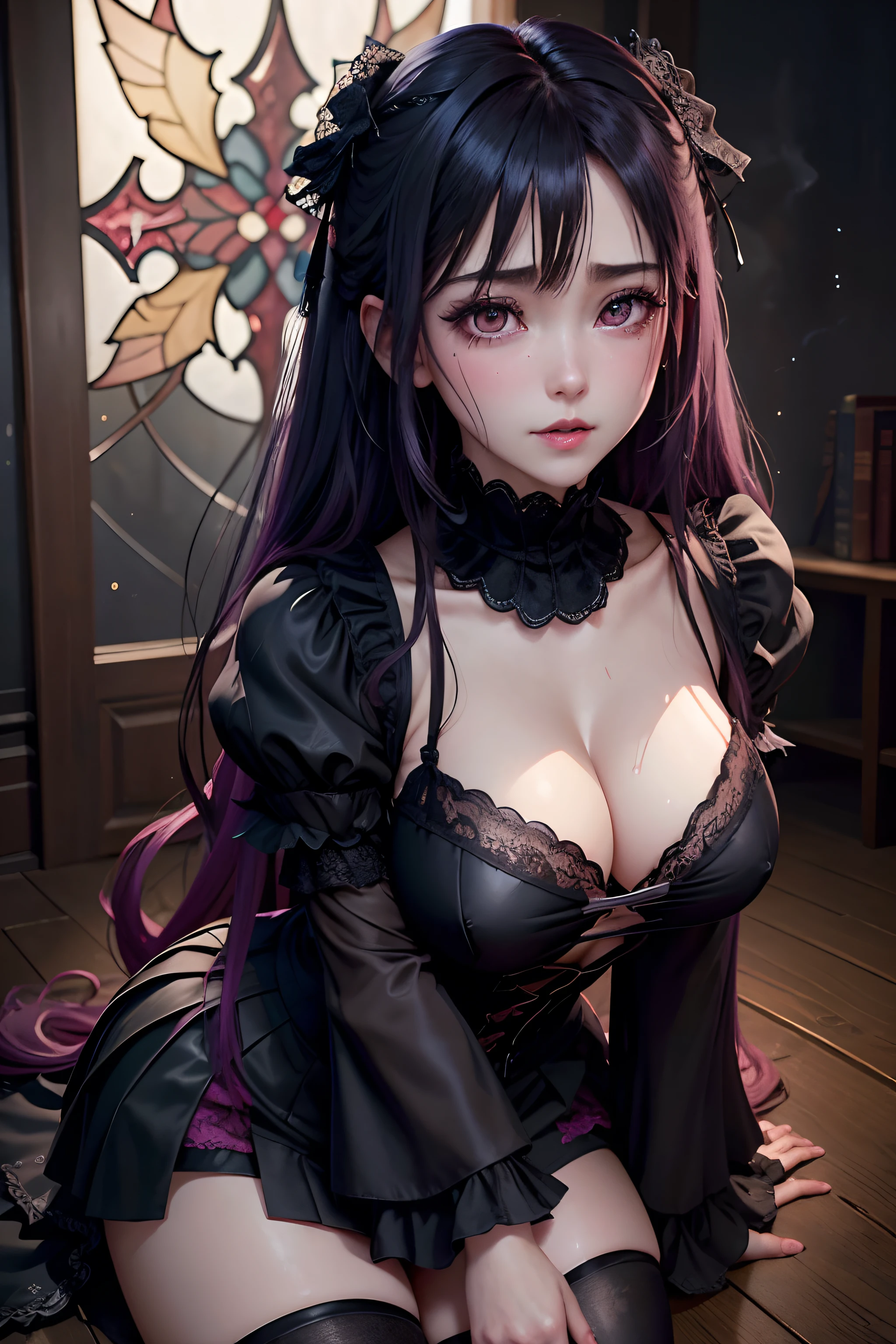 A sexy、A slight smil、garterbelts、knee high socks、panthyhose、Beautifying the world、Unhappy、Lament my night's fantasy、Transcendent beauty、Beautiful shape、wretched、ghosts、wraiths、Evil Spirit、Beautiful、boredom、Unusual beauty、Bewitching、Fornication、Hard Dark Gothic Makeup、Maniacal、Deep night sky、horor、twin-tail hair、Black Dark Eyeshadow、slaves、crying how bright、mourn、Sad songs、Good skin luster、Lace pink、Long hair straight hair、Dark Gothic Makeup、Dark smile、Restless Palace、Expressions of sexual arousal、Fragrant beauty、18year old、carriage、Lying、seductiv、 Strong sexual pleasure facial expressions、A look of shame、open the legs widely、Dark Gothic、Gothic lolita、Dark purple hair、masturbation、bell sleeves、Wizard Sleeve、Obscene look、Stained glass background、masutepiece、Best Quality、Ultra-detailed、Refers to 5 books、Sweat glitters on my chest、Glitter of sweat on your face、Massive sweat glitter on the thighs、Expression of sexual pleasure in anguish、Sweating profusely、Quite an inebriated face、maid clothes、Gothic Long Dress、Black ruffled skirt、Apply blush on cheeks、Pink atmosphere、Pink hair、bewitching poses、
