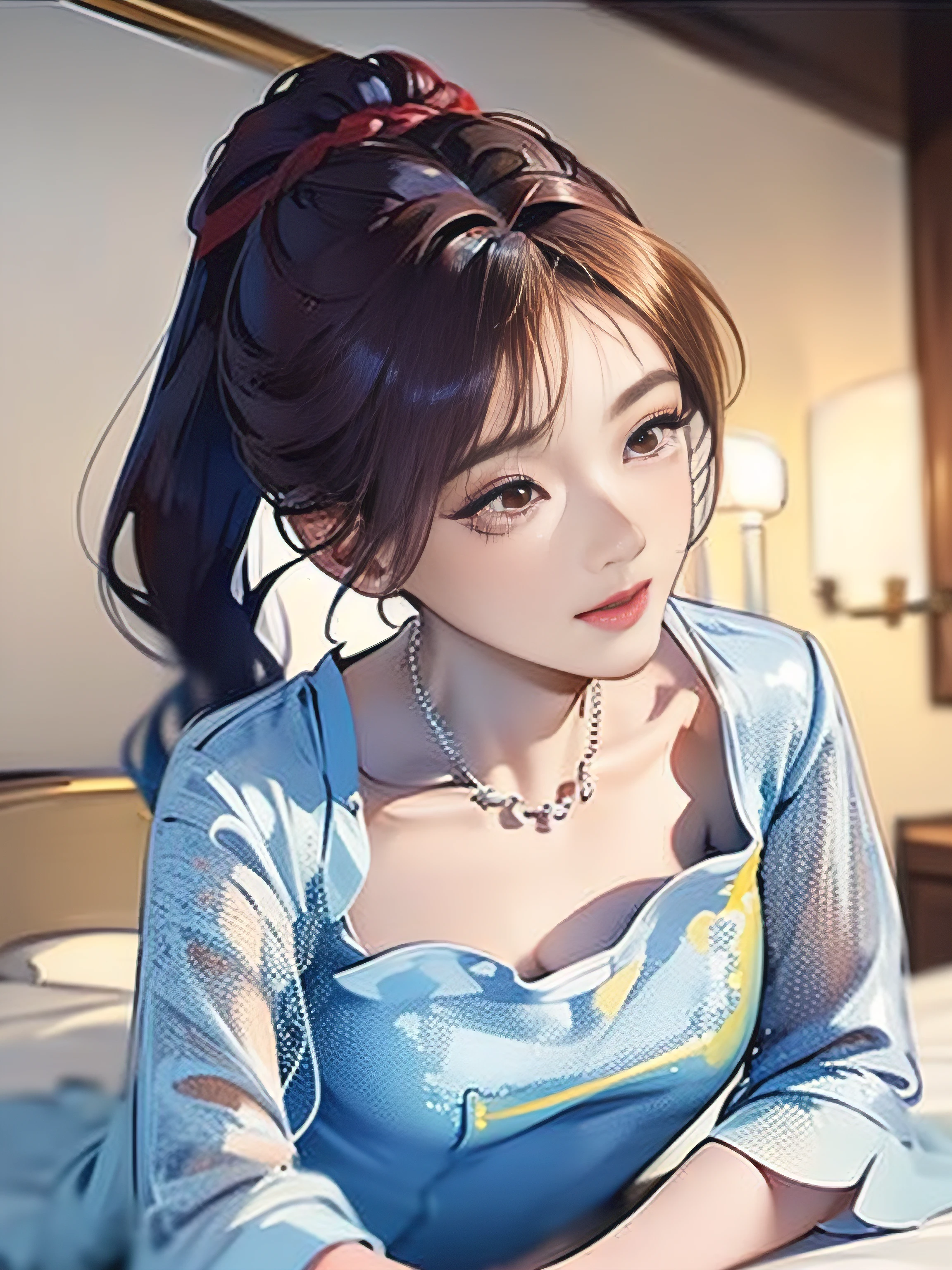 Best quality, Masterpiece, A high resolution, 1girll, Comely,Color hair，red eyes（wistful look）， hair adornments,Detailed nose and eyes are depicted ,,ssmile（Blushing and shy）,Lips, （比基尼（the detail））,hair adornments, necklace, jewelry, High ponytail, , Beds（ your ass，get down on the bed）, breasts in（Portray the details）, (arms at sides:1.2), （full bodyesbian（Wear transparent panties）（Detailed description of the hand（Five fingers））），The body is clearly depicted（Positive facial features），Lie down in bed（Spread your legs），hand grasping chest