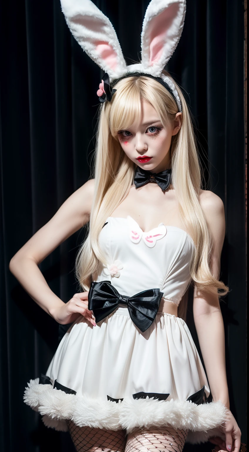 Girl in bunny Halloween costume, with bunny headband, blonde long hair Emo Pin up Girl, halloween dress, Striking a pose, natural make up, skinny girl, innocent, night in a grave