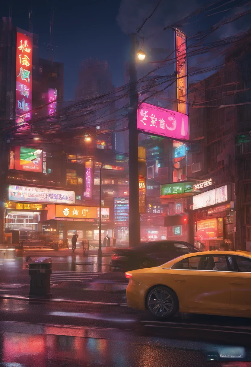 "A city at night where the signboard of a building with stylish colors and style, featuring 'japin.net,' stands out prominently."