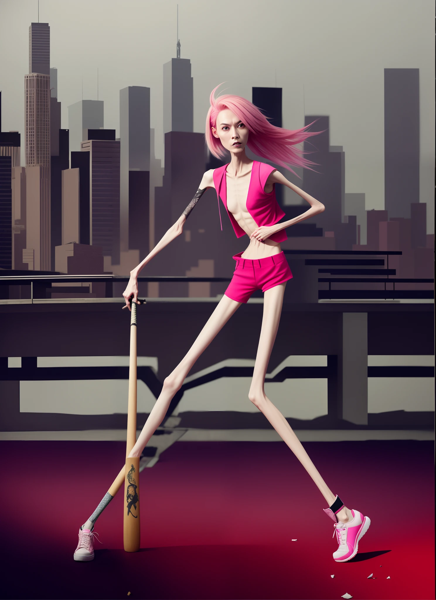 A thin woman with pink hair and a baseball bat, Emaciated body and hungry stomach,Very slim waist and legs,anger expression,Thin figure,Sunken abdomen