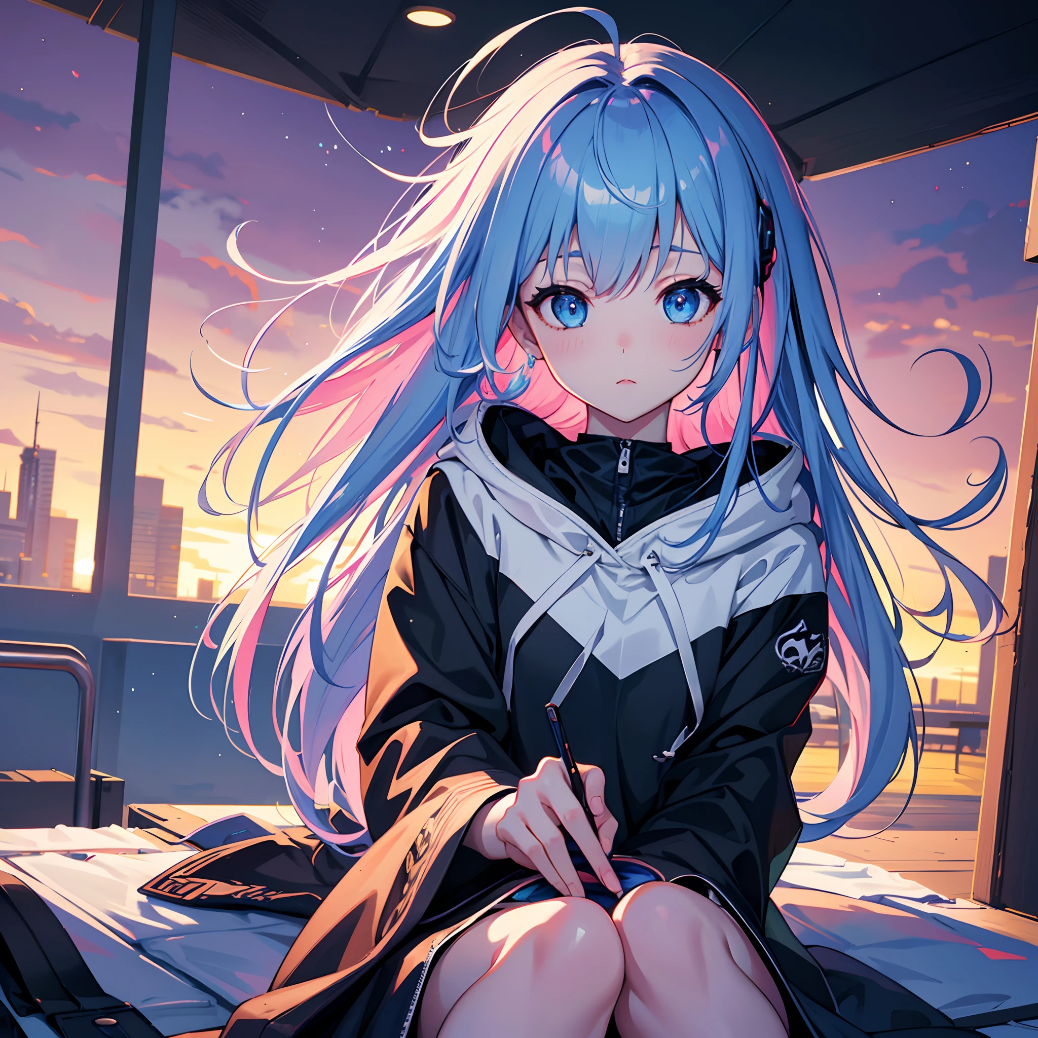 Anime girl with blue hair sitting on a bed in a room - SeaArt AI