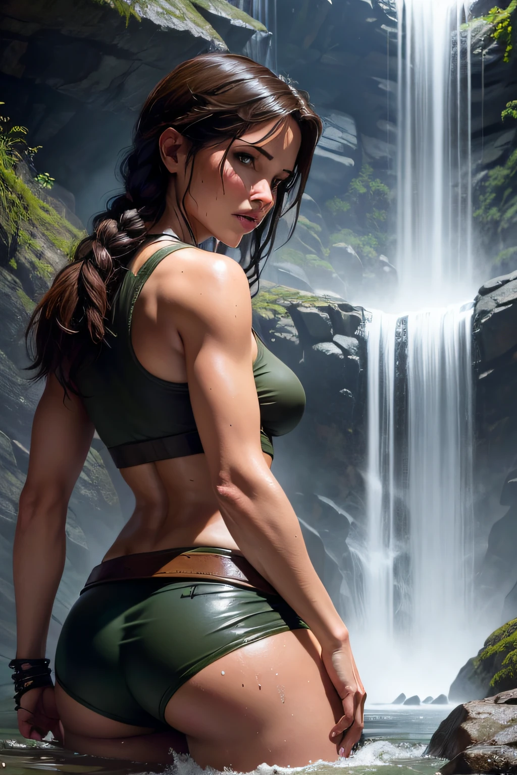 Lara Croft standing underneath a waterfall, getting wet from the water