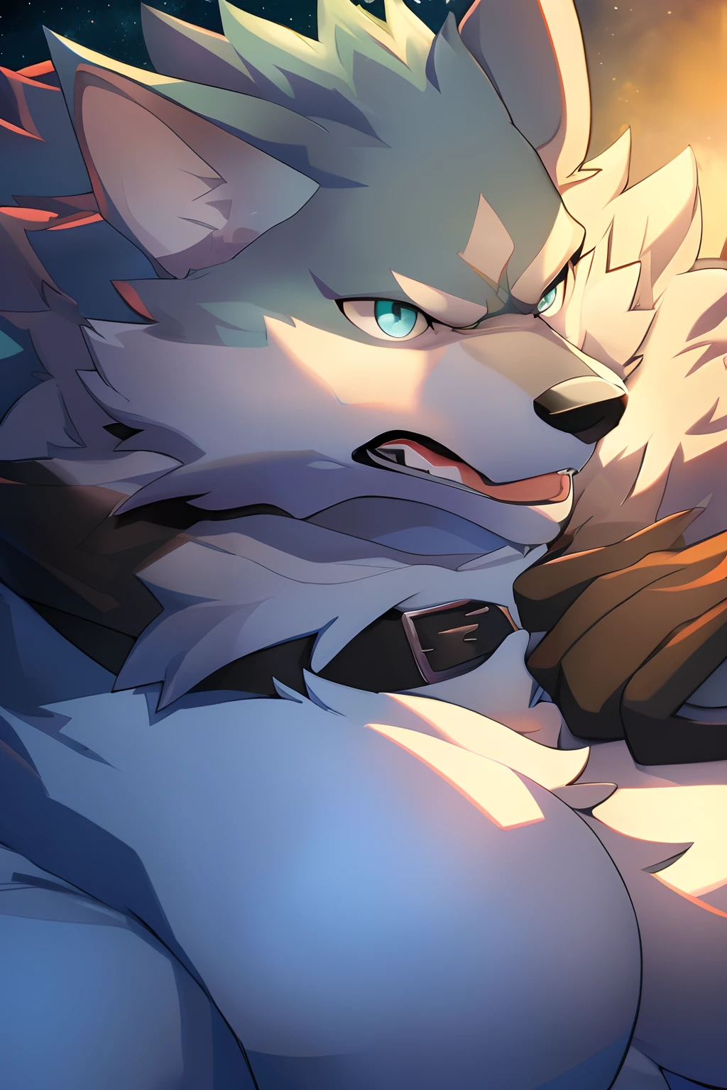 (best quality, highres:1.2), cartoon art, detailed fur, solo, detailed eyes, detailed eyes, male wolf, shirou character, (body shot close-up), big pecs, front view, exausted face, big bulge