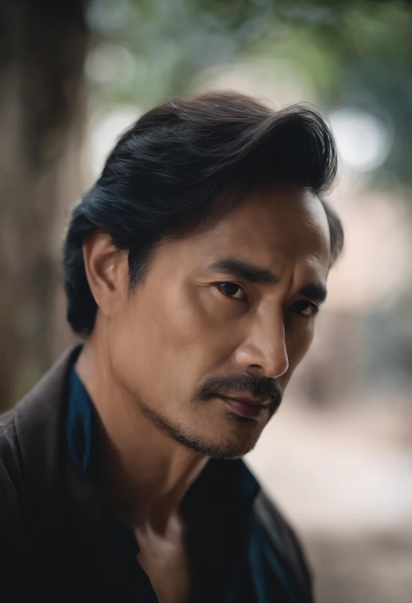 A middle-aged handsome modern poet，Asia face，Side close-up，erudite，Melancholy deep eyes