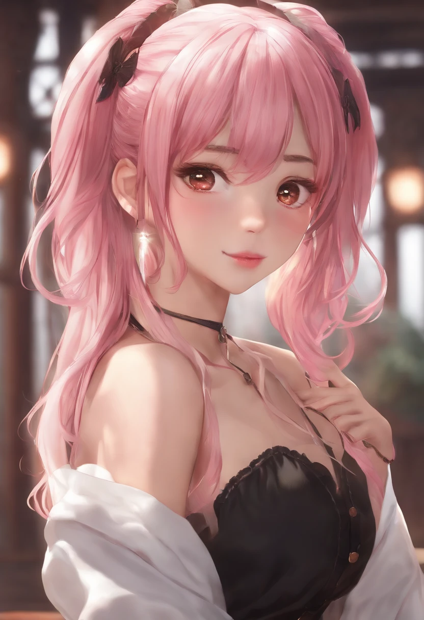 pink hair, streaked hair, twintails, shiny hair,one eye closed, amber eyes, open mouth, saliva, licking lips, Romanticism, Genre painting, chiaroscuro, cinematic lighting, panorama, perspective, Sony FE GM, UHD, anatomically correct, retina, high quality, high details, textured skin, highres,Japanese-style interior scene,tatami mats,sensual lingerie,Mature style,Large breasts,Full cleavage,Full body like