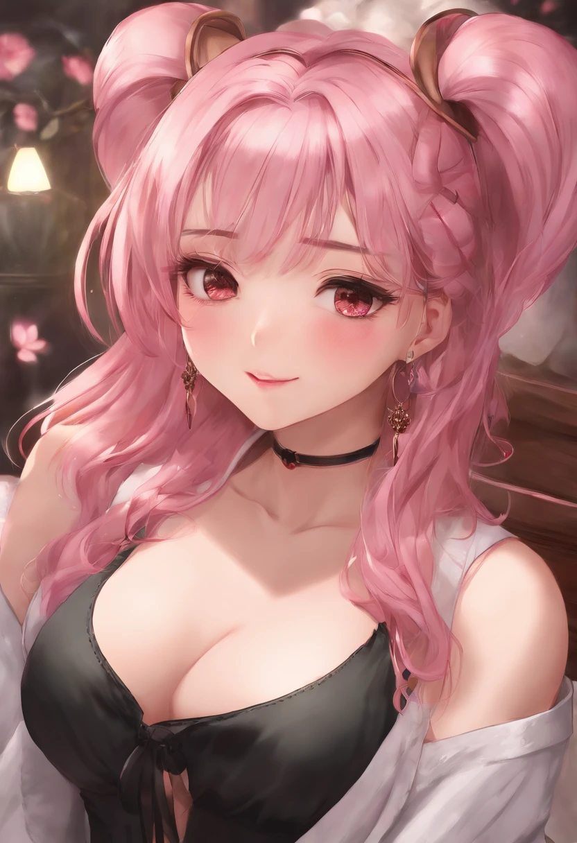 pink hair, streaked hair, twintails, shiny hair,one eye closed, amber eyes, open mouth, saliva, licking lips, Romanticism, Genre painting, chiaroscuro, cinematic lighting, panorama, perspective, Sony FE GM, UHD, anatomically correct, retina, high quality, high details, textured skin, highres，Japanese-style interior scene，tatami mats，sensual lingerie，Mature style，Large breasts，Full cleavage，Full body like