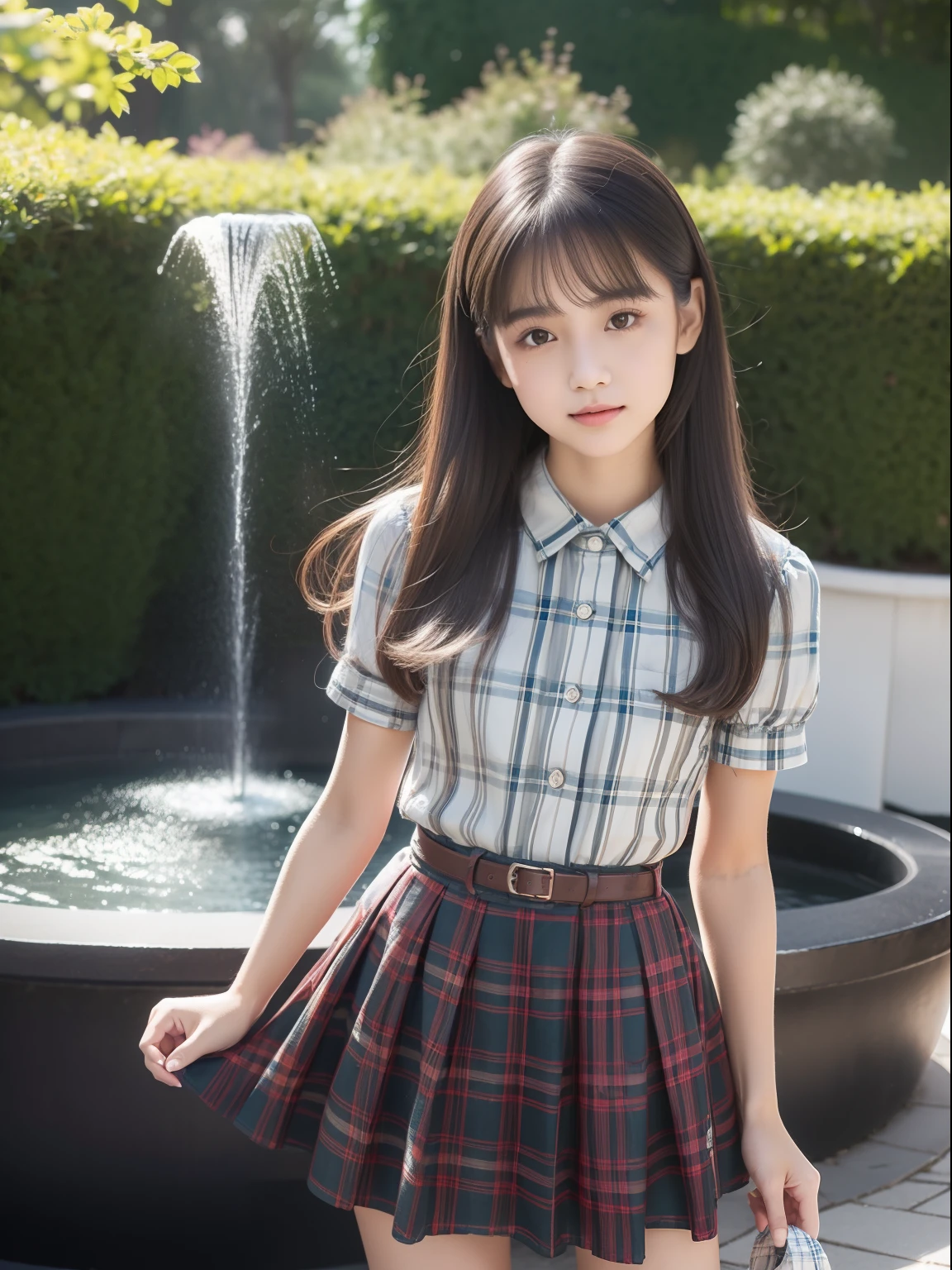 kne，年轻，skirt rift，Curtsey，(child:1.2)，(Tartan Plaid Dress，shortsleeves)，teens girl，Delicate body，petite body，tiny chest，cabelos preto e longos，stairway
