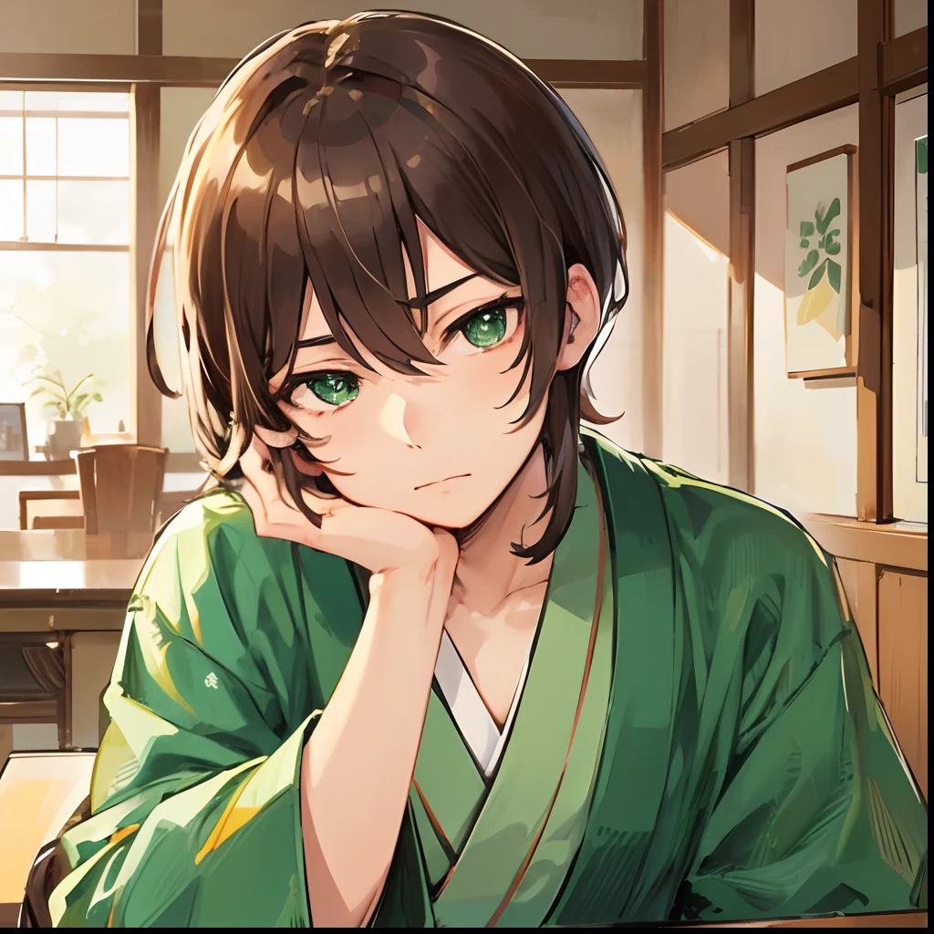 Japanese anime, beautiful young man, brown hair, green kimono,green eyes, gazing lovingly at me with cheekbones on the desk, The expression of looking at something dear, Japanese style room as background,high quality, amount of drawing, pixiv illustration