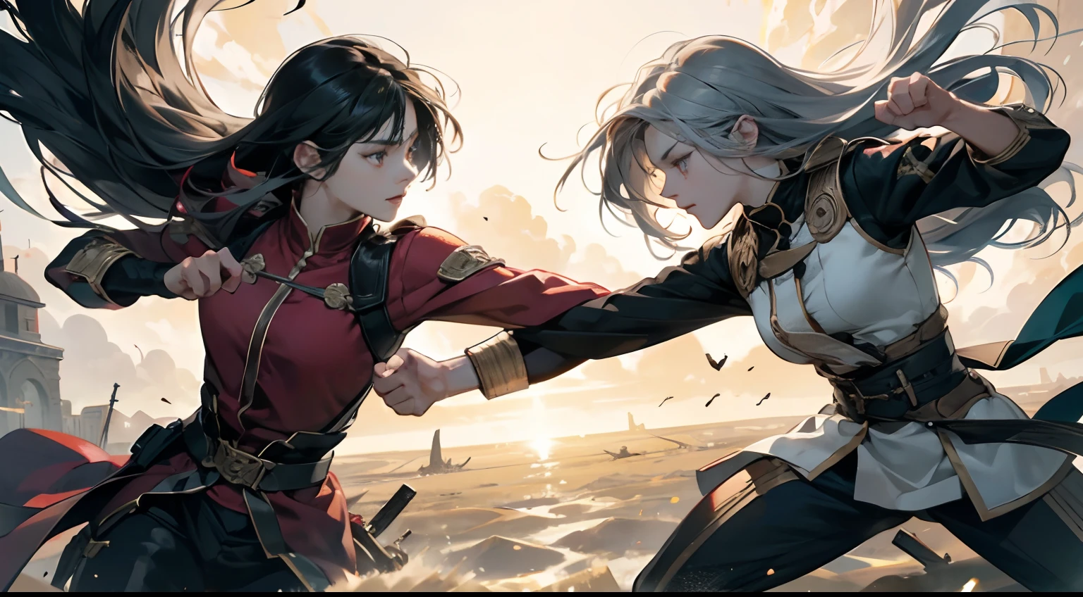 Two women beating each other、Cracked ground、turbulence、Anger expression、Crossed fists、Fighting、Battle Pose、Artistic action game depiction、Beautiful battle scenes、Delicate battle art、High-quality action movie depictions、Battle Cartoon、animesque、Delicately expresses smooth skin texture down to the smallest detail、The manifestation of smooth muscle texture、Vibrant depiction、Reproduction of the feeling of sprinting、Drawing left and right targets、Long haired woman with black hair and red highlights、Long haired woman with blue highlights on gray hair、