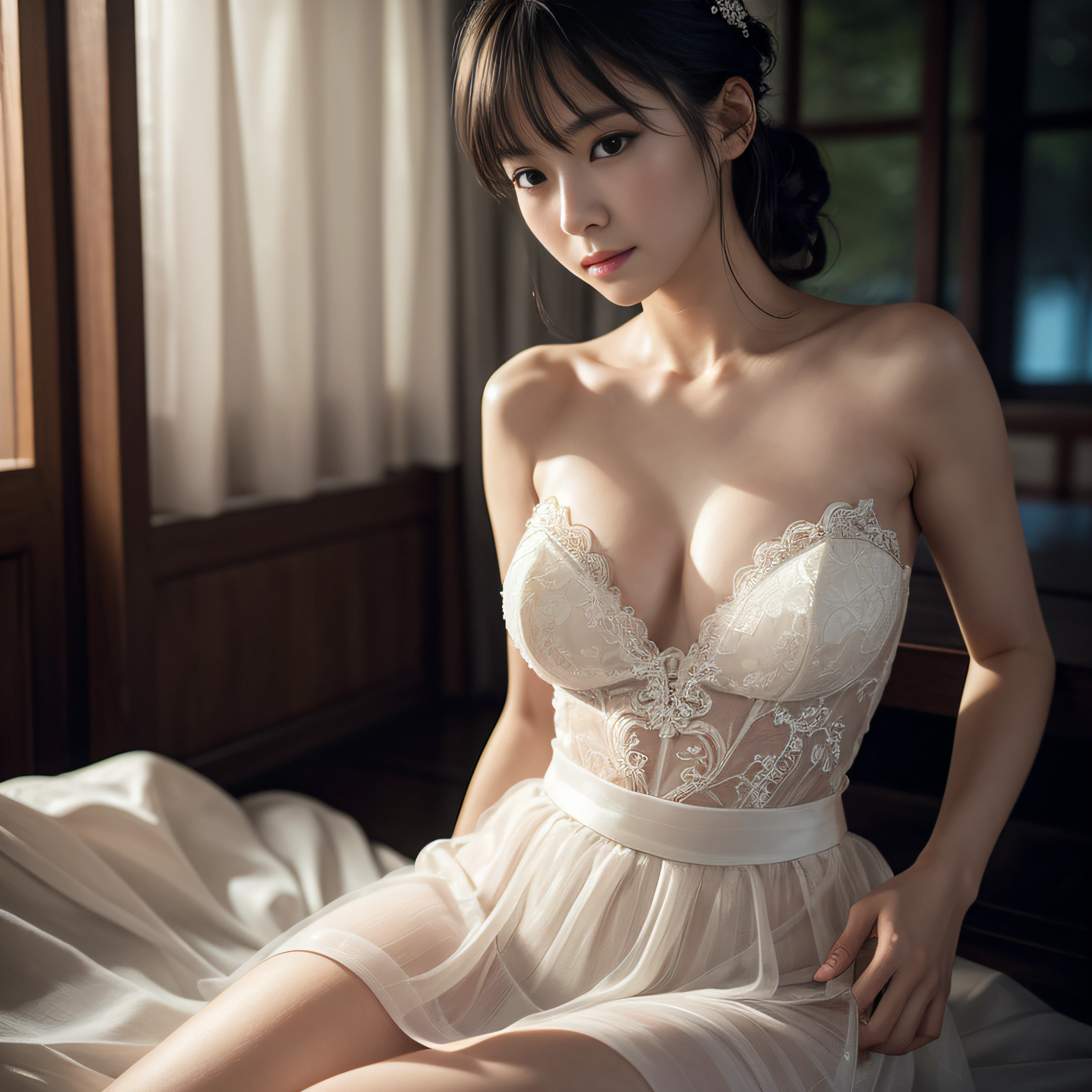 (sweat:0.7), ((1girl)), Light yellow wedding dress, white short skirt, woman, japanese, exquisite face, beautiful face, bare shoulders, shoulders slightly exposed, translucent skin, black eyes, black hair,(photorealistic:1.4) , realistic details, high resolution, bokeh, outstanding details