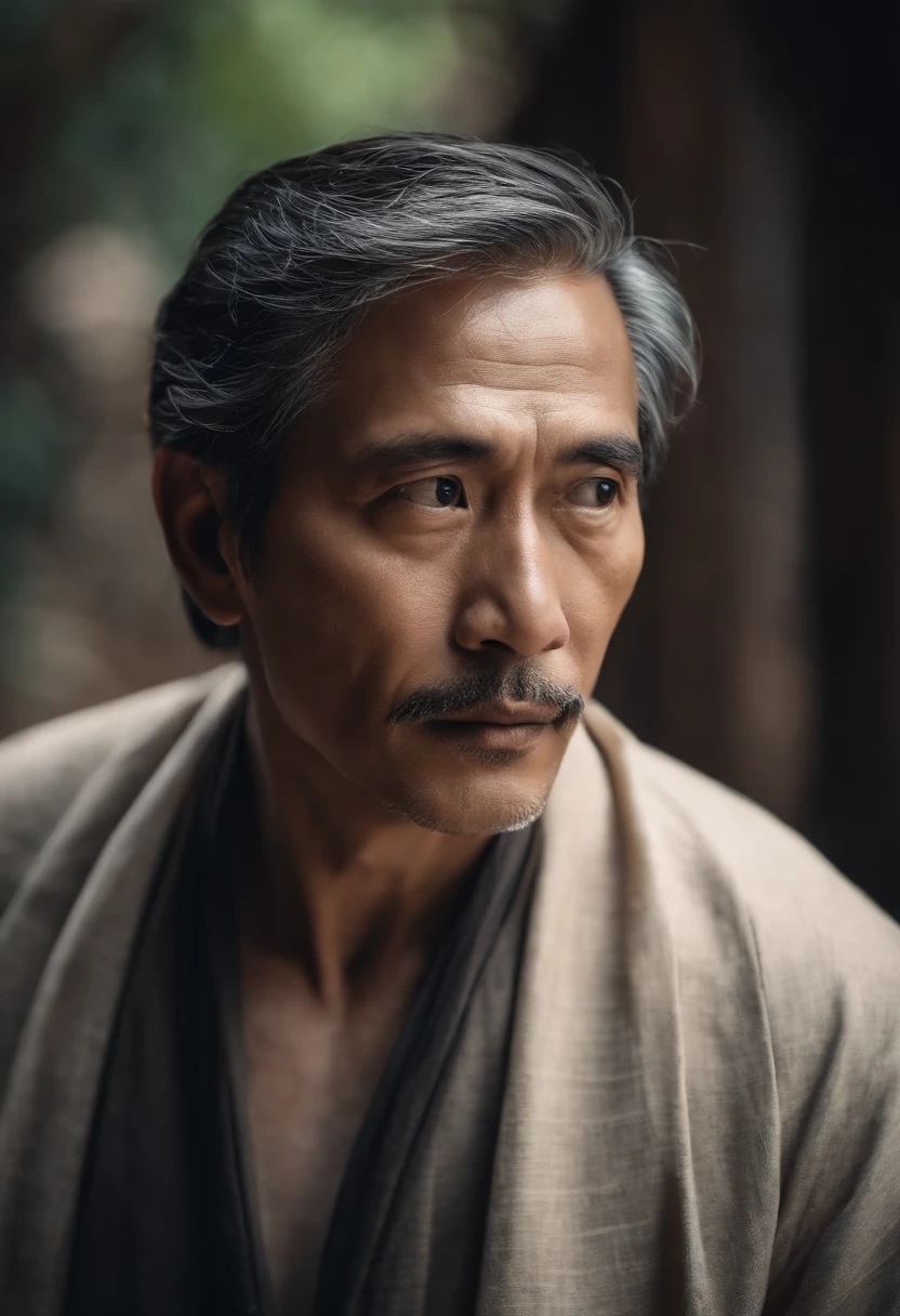 A middle-aged handsome modern poet,Asia face,Side close-up,erudite,Melancholy deep eyes