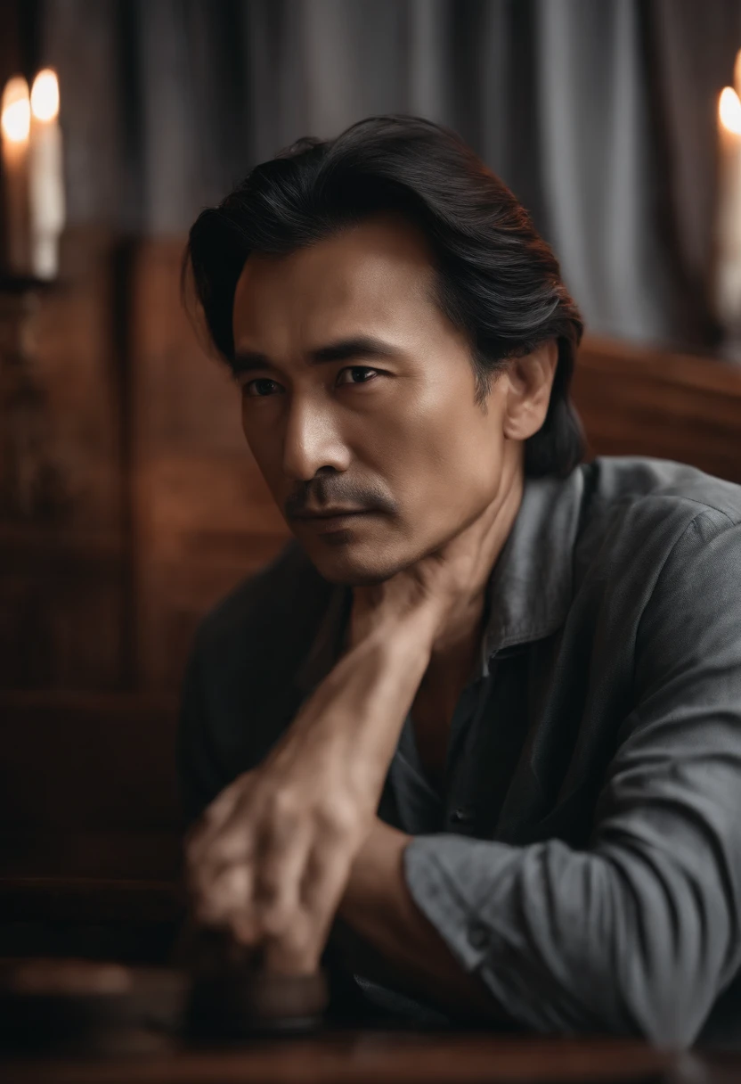 A middle-aged handsome modern poet，Asia face，Side close-up，erudite，Melancholy deep eyes