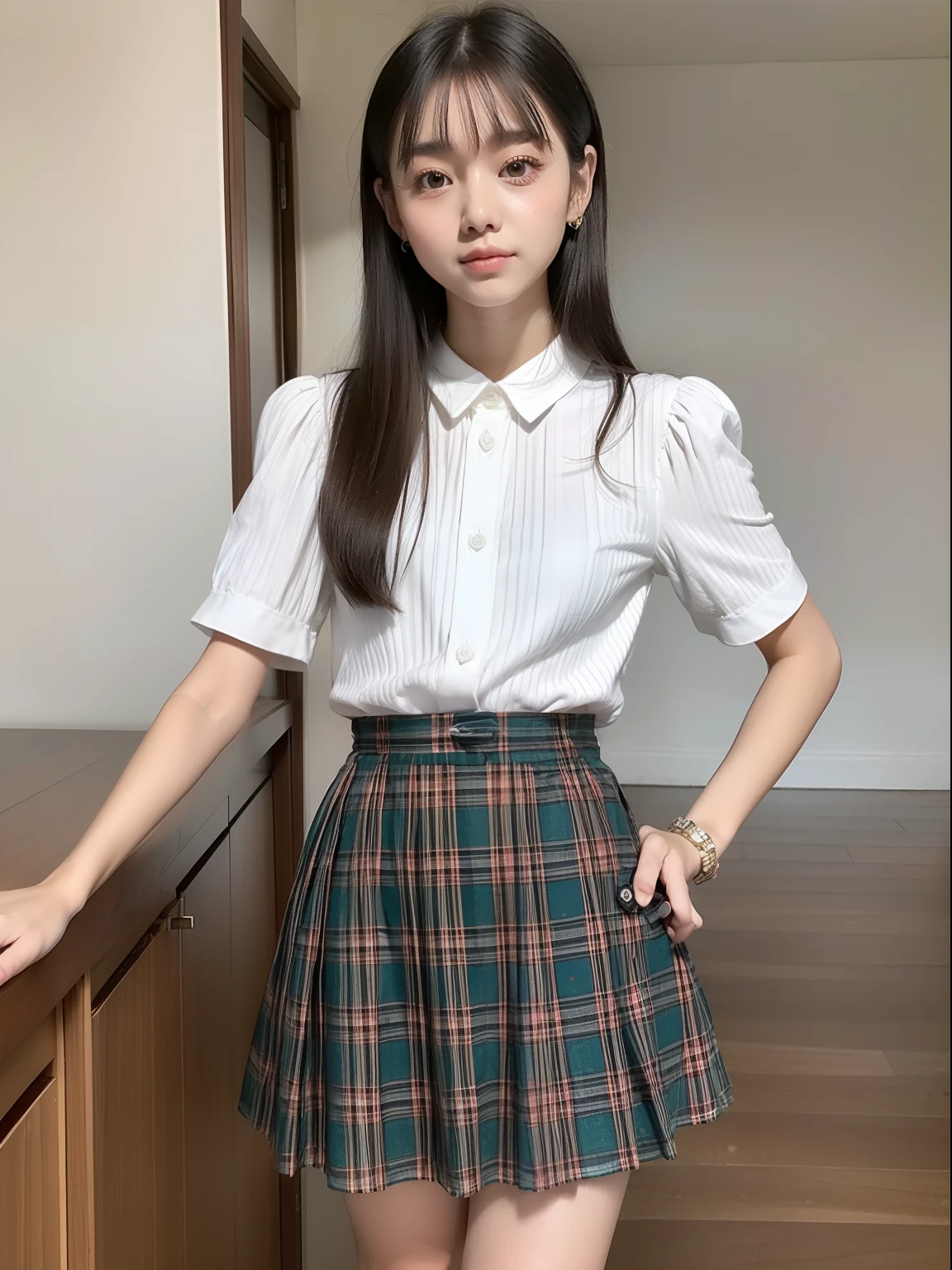 kne,年轻,(skirt rift,Curtsey),(child:1.2),(Tartan Plaid Dress,shortsleeves),teens girl,Delicate body,petite body,tiny chest,cabelos preto e longos