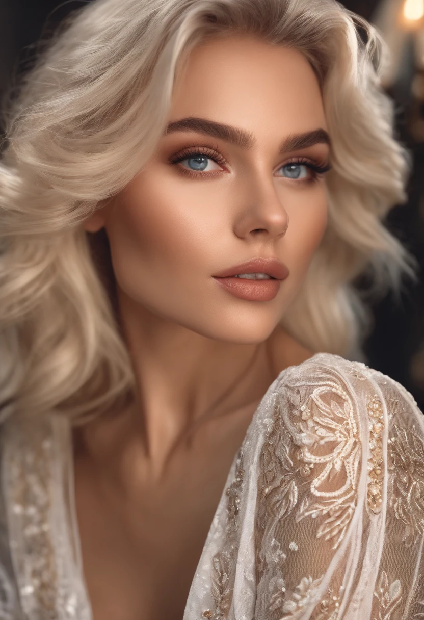 Realistic white female Instagram influencer, Best quality, Blonde, 1 fille, yeux bleus, en robe courte moulante blanche