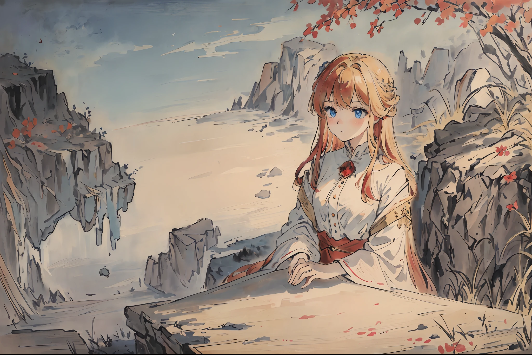 masterpiece, best quality, an extremely delicate and beautiful girl,an extremely delicate and beautiful, world masterpiece theater, ultra-detailed, highly detailed, best quality, blonde hair, highres, extremely detailed,1girl, best quality, illustration, looking at viewer, impasto, canvas, oil painting, realistic, realist ,real, red hair, blue eyes, cliff at the edge of the island