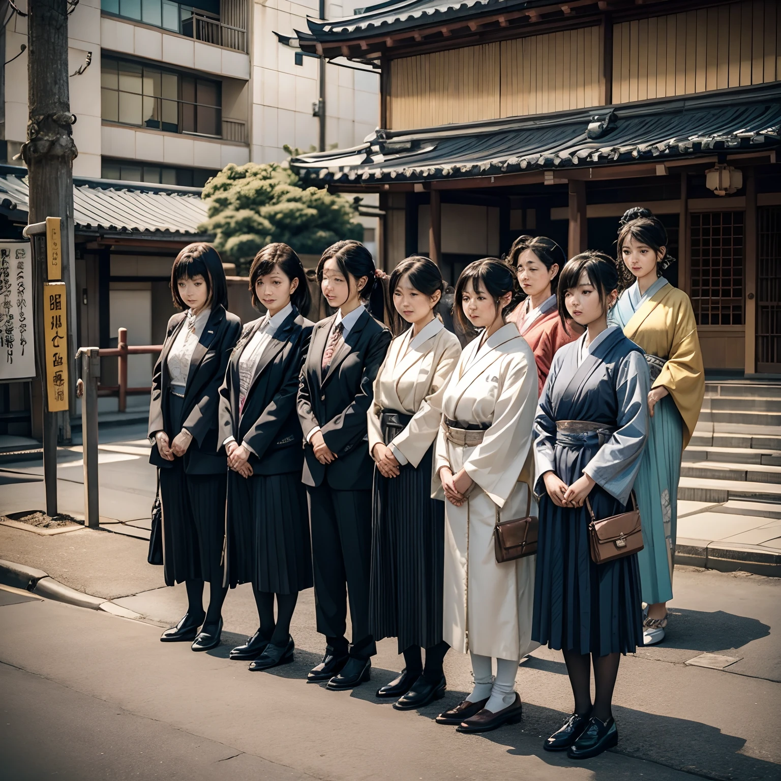 19 Japan women in suits lined up in three rows,Middle-aged woman,A MILF,Red carpet,from the front side