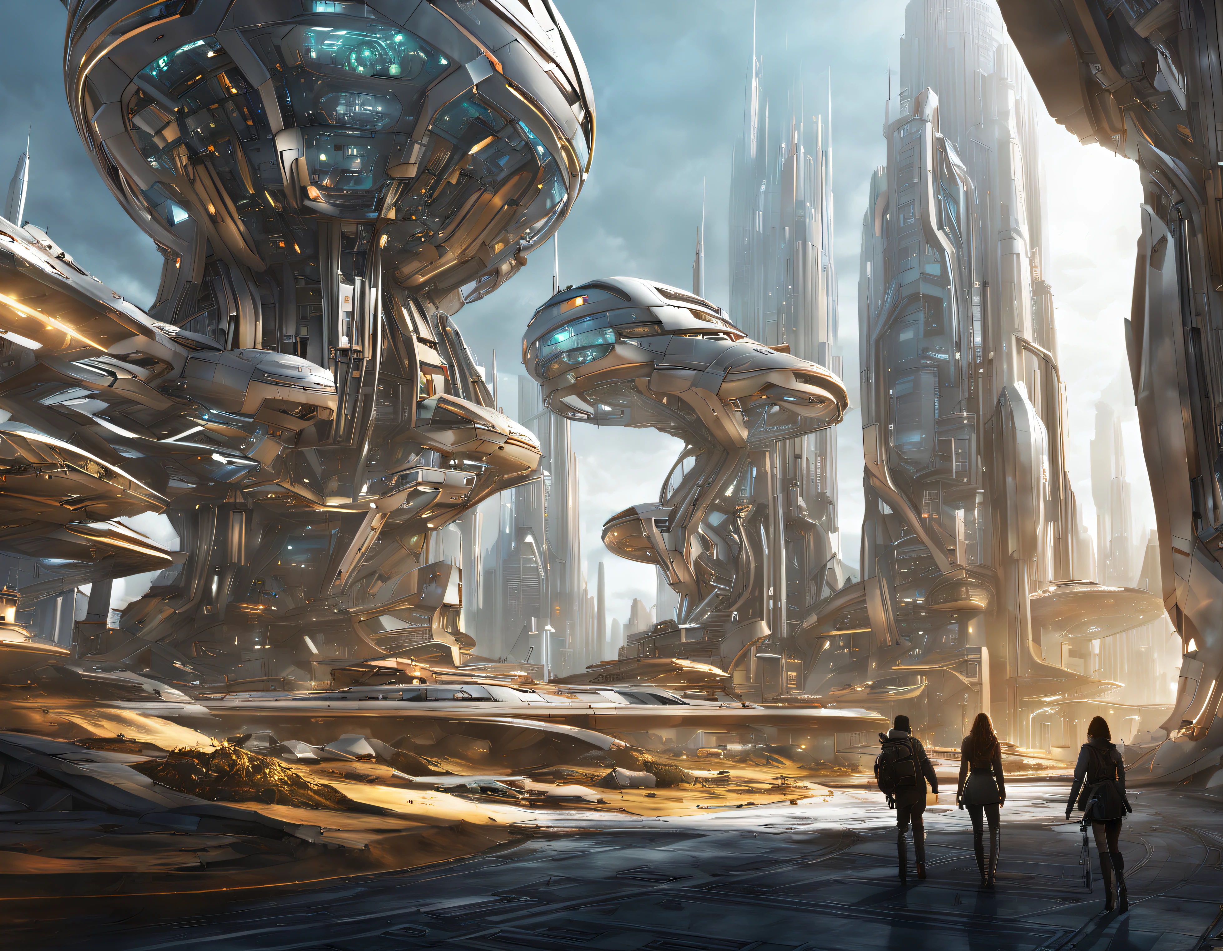 On an unknown planet there is a futuristic city with immense buildings of technological design, con estructuras acristaladas en plata, oro y bronce y maquinarias espectaculares en la que sobrevive un robot femenino espectacular. con colores vivos. pavimento ensolado.