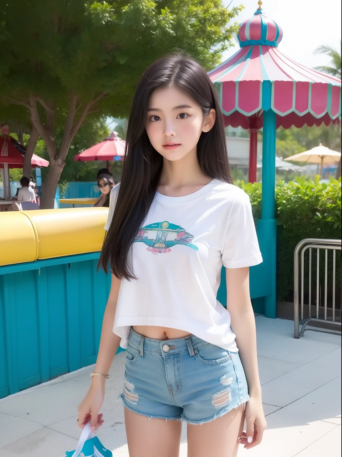 Looks Back,年轻,beach shorts,Long T-shirt,s girl,Delicate body,petite body,small tits,tiny chest,A dark-haired,Very Longhair,An amusement park