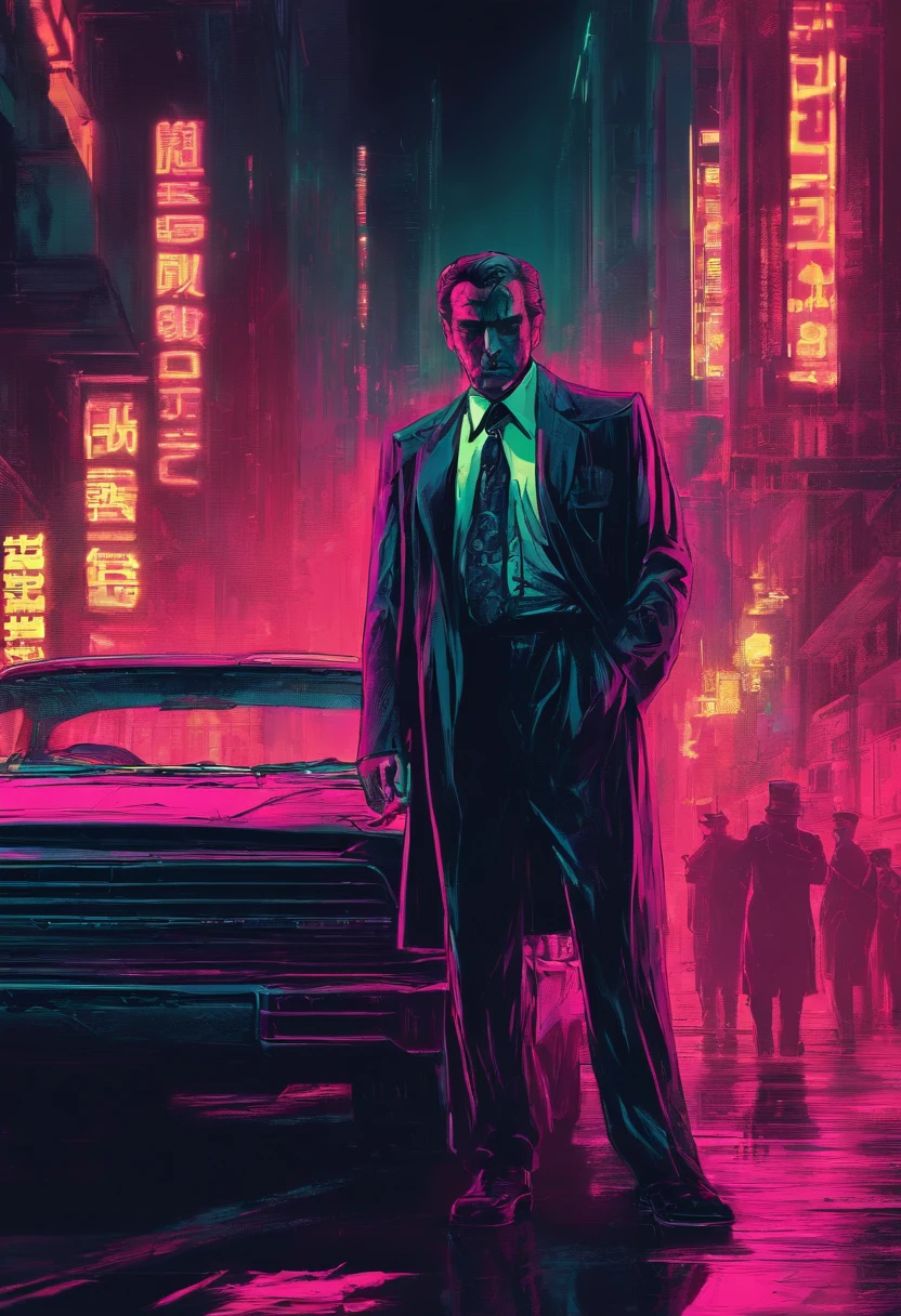 Noir Neon Tones of Photography, a photo of a Russian mafia boss in the 1990s in Moscow in the style of Moscow in the 90s