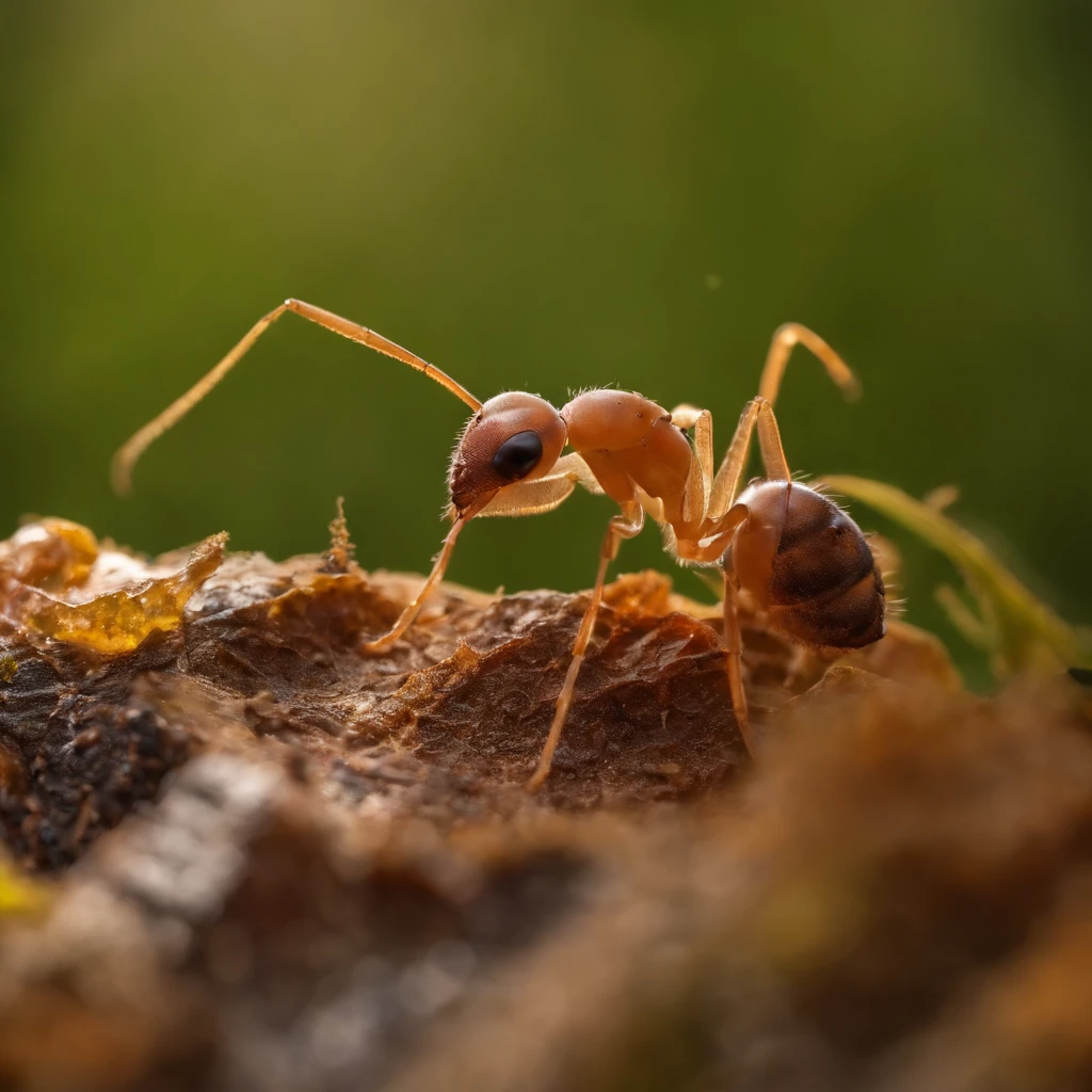 a golden transparent ant on a pile of gem, (masterpiece,best quality:1.2),200 mm 1.4F macro shooting,very delicate beautiful,the best lights,The best shadow,Render the background, stylized 3d render,Beautiful scenery, Autumn, Red maples fly, Long lens tracking photography