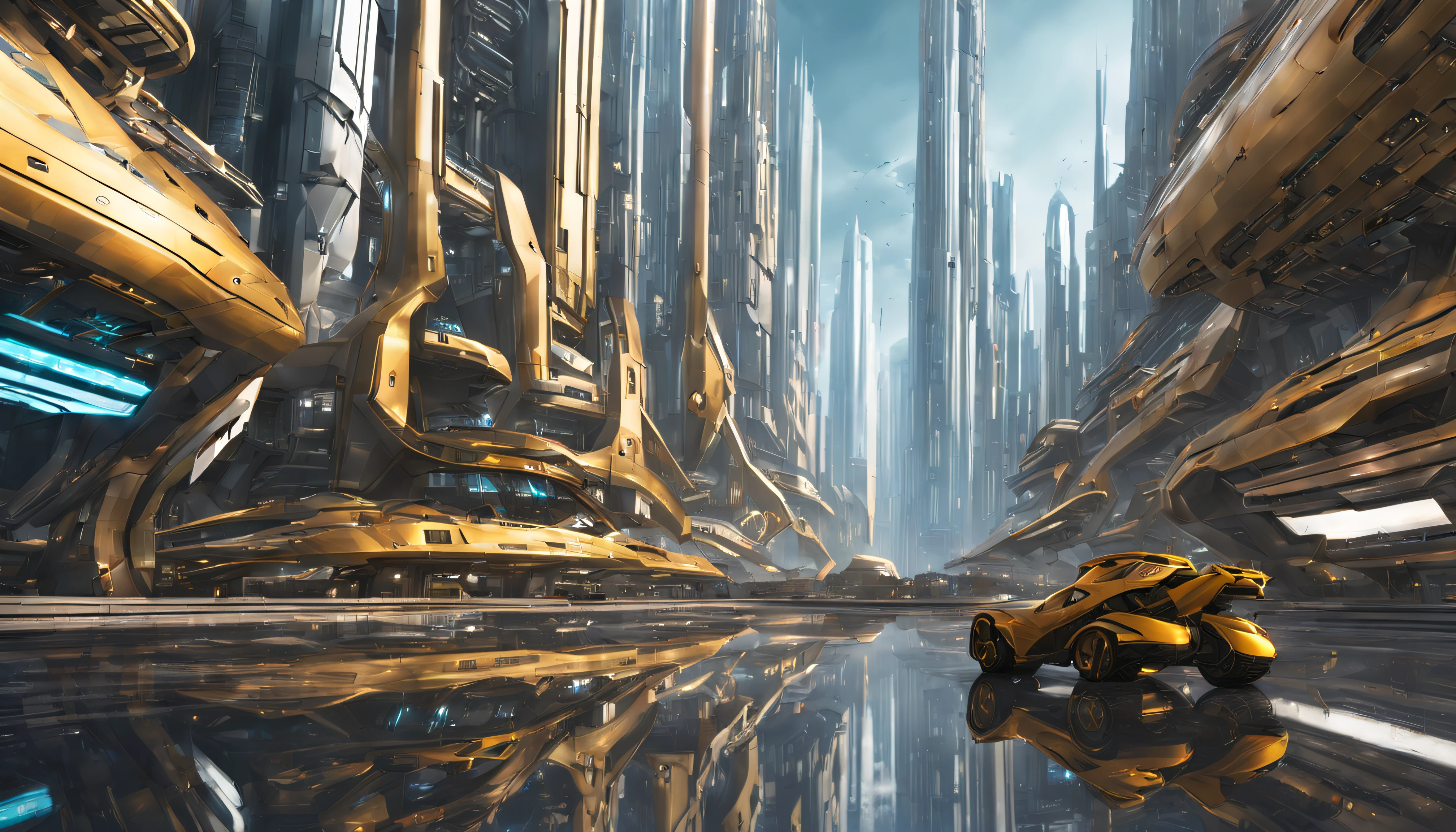 On an unknown planet there is a futuristic city with immense buildings of technological design, con estructuras acristaladas en plata, oro y bronce y maquinarias espectaculares en la que sobrevive un robot femenino espectacular. con colores vivos. pavimento ensolado.