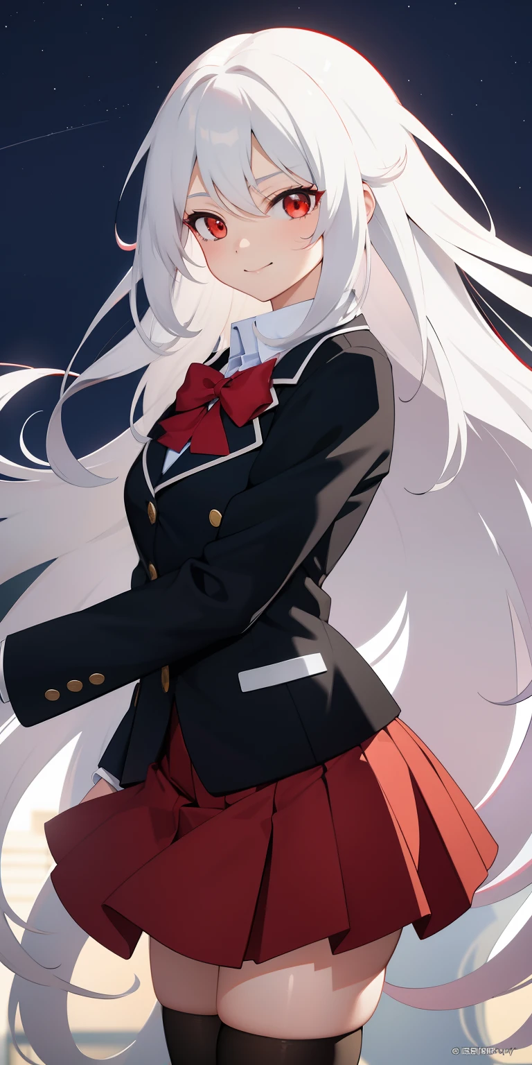 one anime girl, long white hair, red eyes, curved hair style, school uniform, evening, highschool, neutral smile, cold facial expression