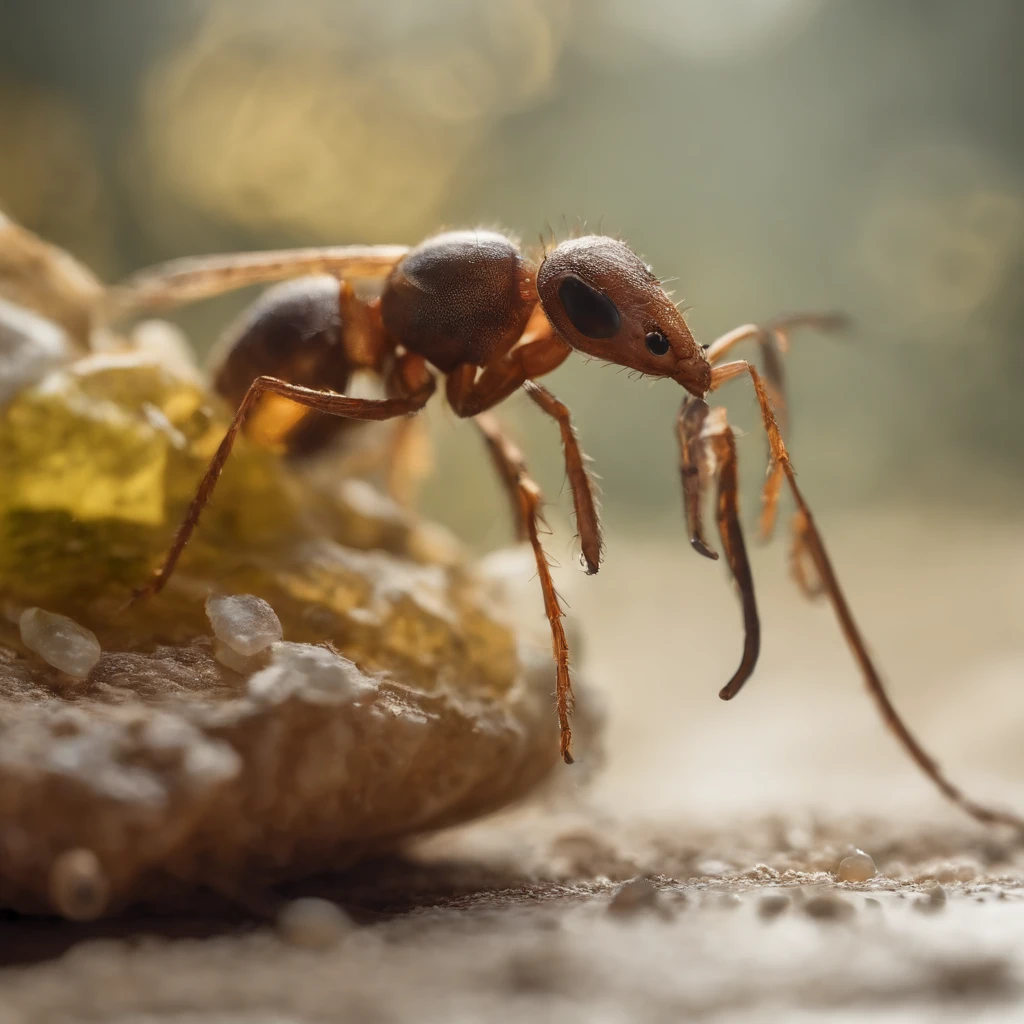 a golden transparent ant on a pile of gem, (masterpiece,best quality:1.2),200 mm 1.4F macro shooting,very delicate beautiful,the best lights,The best shadow,Render the background, stylized 3d render,Beautiful scenery, Autumn, Long lens tracking photography