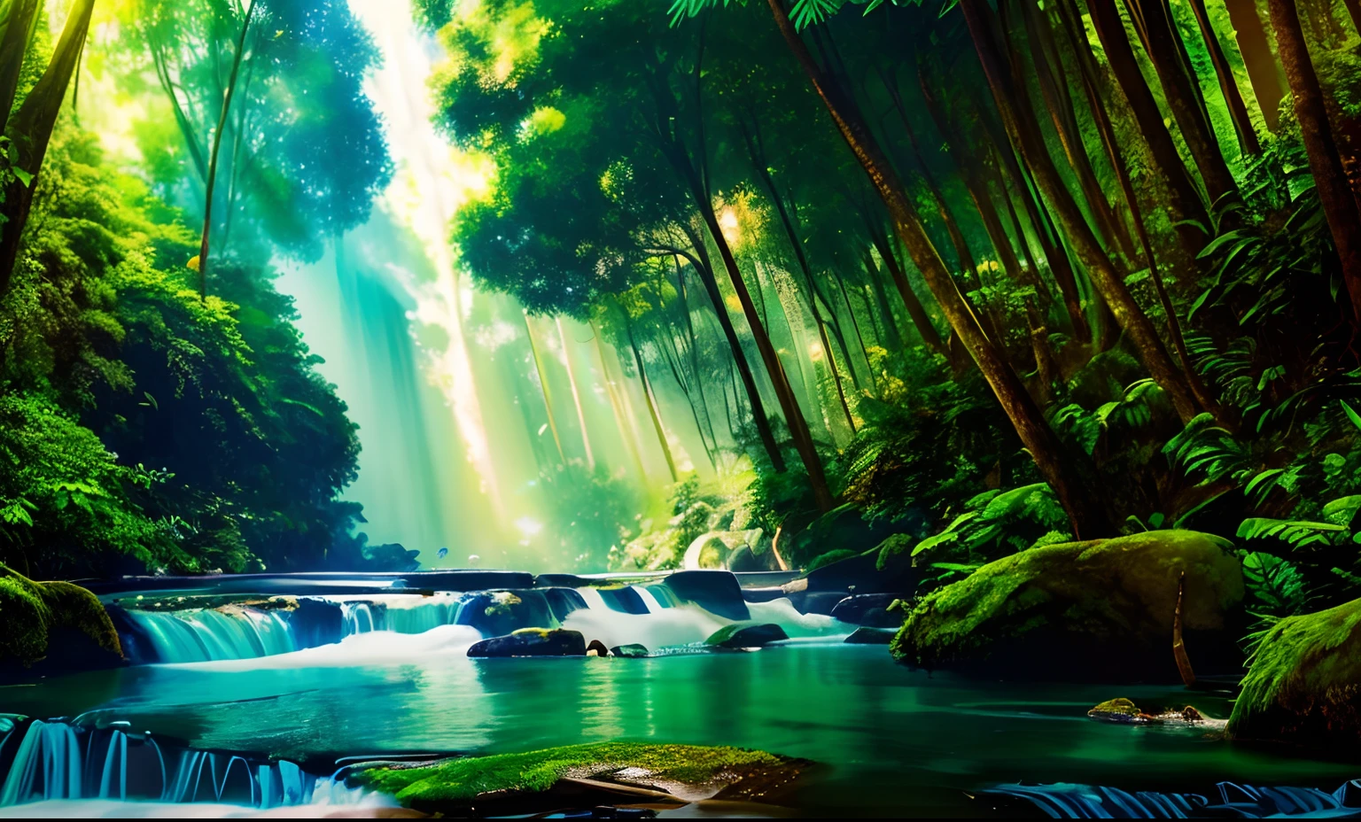 analogue style, ChromaV5,nvinkpunk,(Extremely detailed Cg Unity 8K wallpaper), Landscape of tropical rainforest, Lens flare,award winning photography, color difference, Detailed , hdr, full bloom, Monet style, Pissarro, and Sisley ,trending on artstationh, trending on CGSociety, art by midjourney