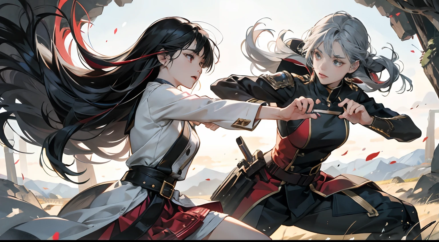 Two Women、sharp eye、glares、Fighting、Battle Pose、Artistic action game depiction、Beautiful battle scenes、Delicate battle art、High-quality action movie depictions、Battle Cartoon、animesque、Delicately expresses smooth skin texture down to the smallest detail、The manifestation of smooth muscle texture、Vibrant depiction、Reproduction of the feeling of sprinting、Drawing left and right targets、Long haired woman with black hair and red highlights、Long haired woman with blue highlights on gray hair、