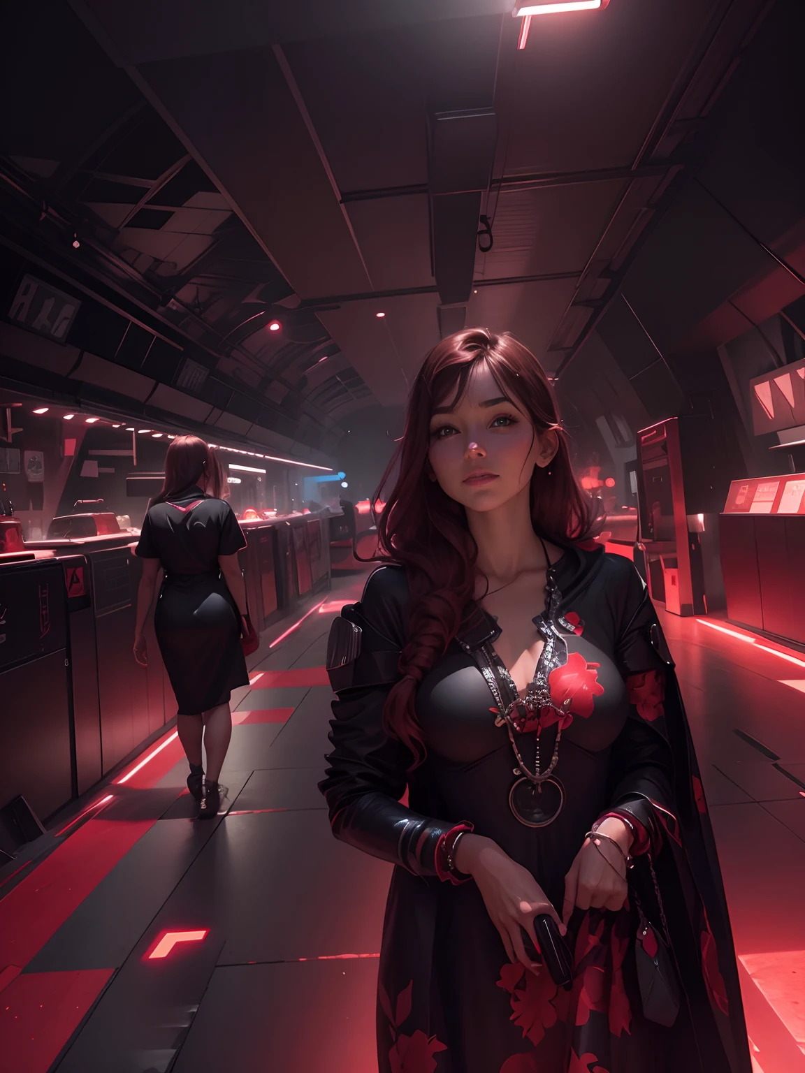 Dark futuristic Background Red Bikni dress Realistic face