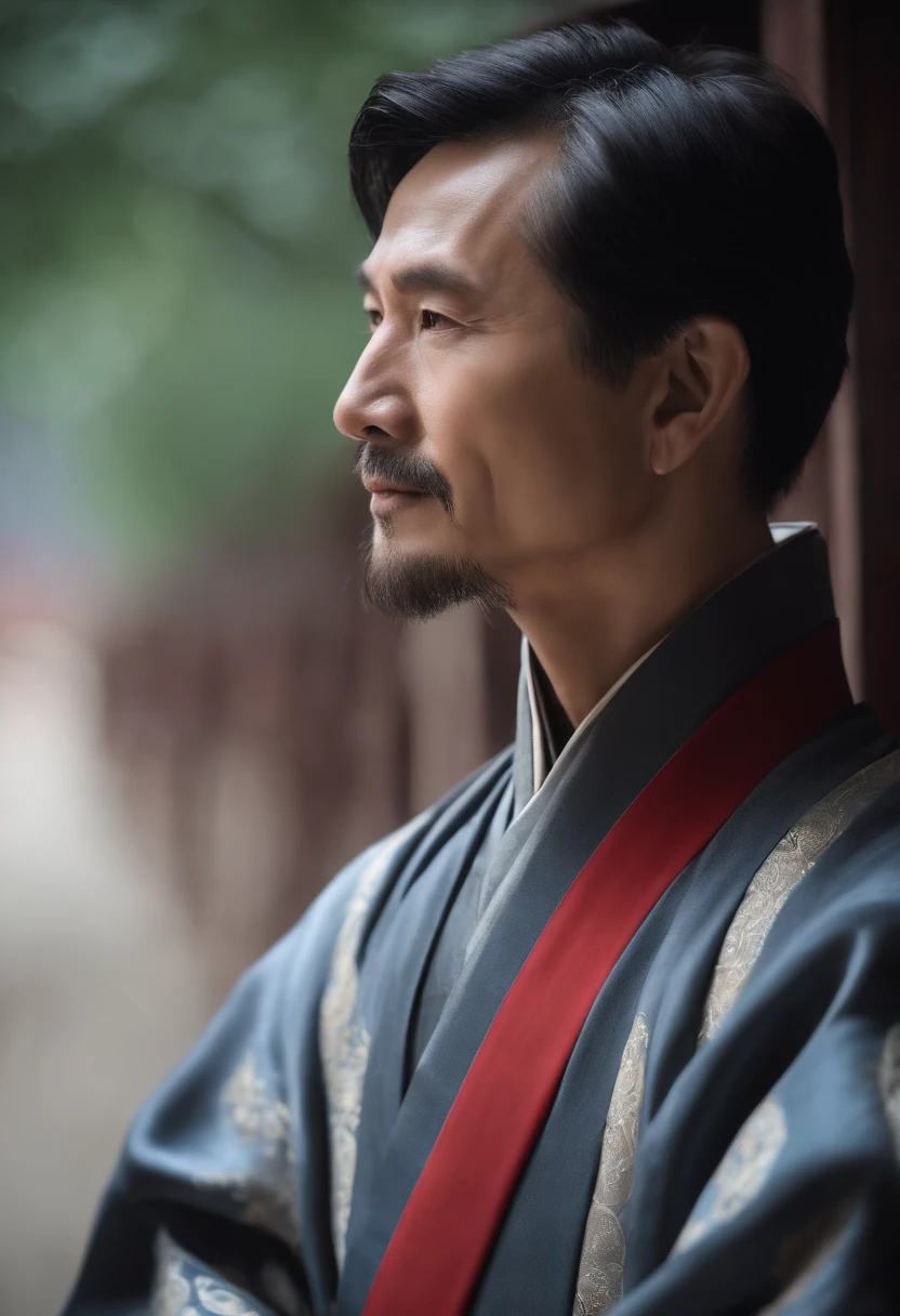 A middle-aged handsome modern poet,chineseidol,Side close-up,traditional garb,erudite,Melancholy deep eyes