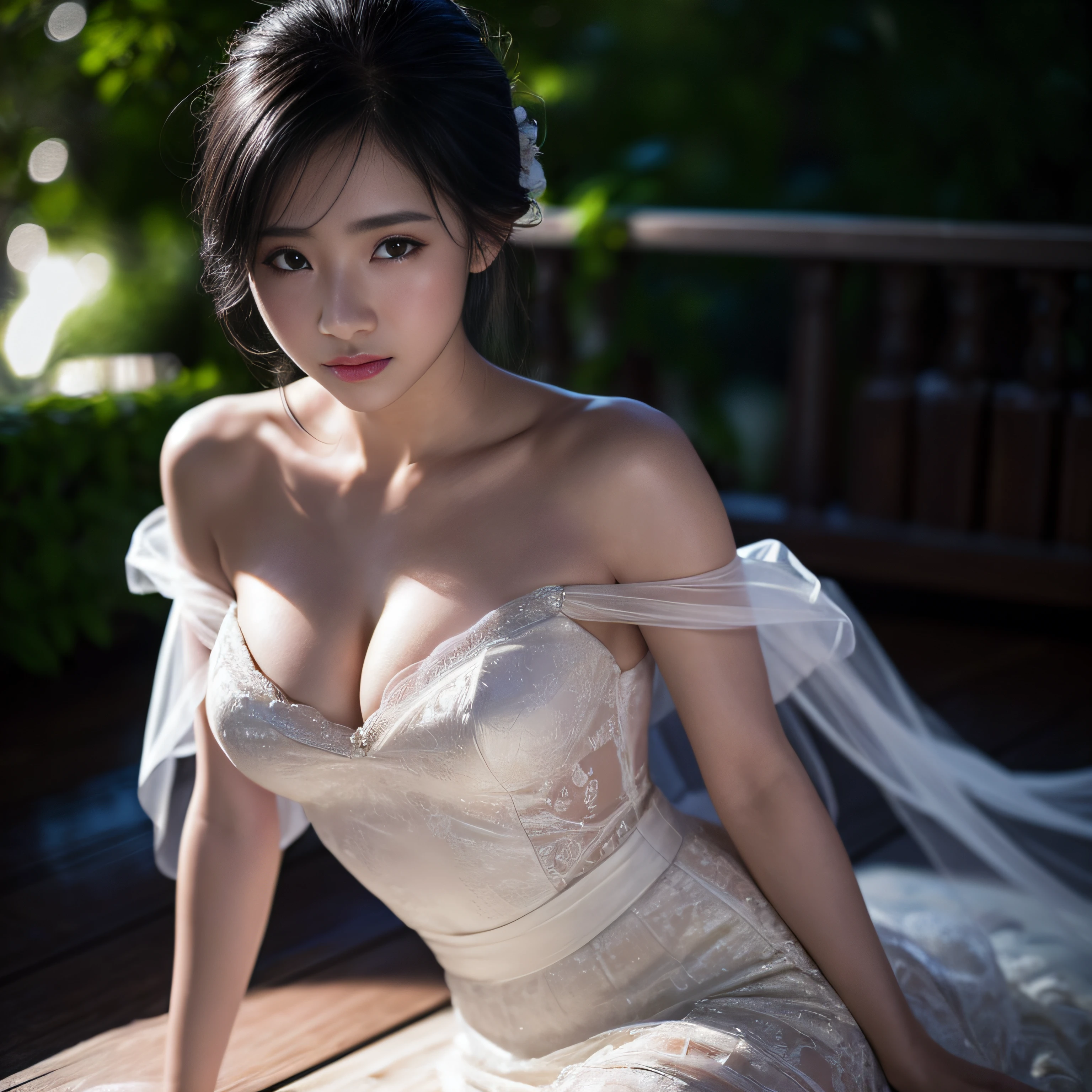 (sweat:0.7), ((1girl)), Light yellow wedding dress, white short skirt, woman, japanese, exquisite face, beautiful face, bare shoulders, shoulders slightly exposed, translucent skin, black eyes, black hair,(photorealistic:1.4) , realistic details, high resolution, bokeh, outstanding details