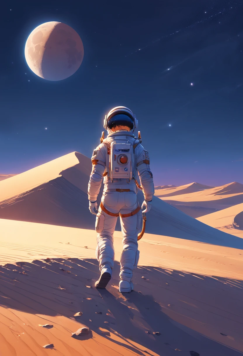 An astronaut walks in the desert,The sky hangs with the moon, sony a7r, 50mm lens, morningglow, 8K