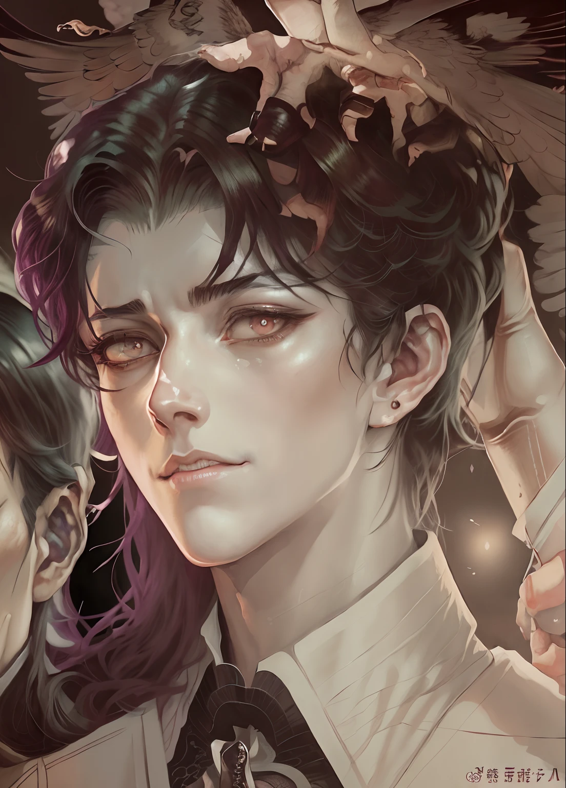 anime image of a man and a woman with a bird on their head, handsome guy in demon slayer art, delicate androgynous prince, anime portrait of a handsome man, highly detailed exquisite fanart, kentaro miura manga art style, artwork in the style of guweiz, beautiful androgynous prince, kentaro miura art