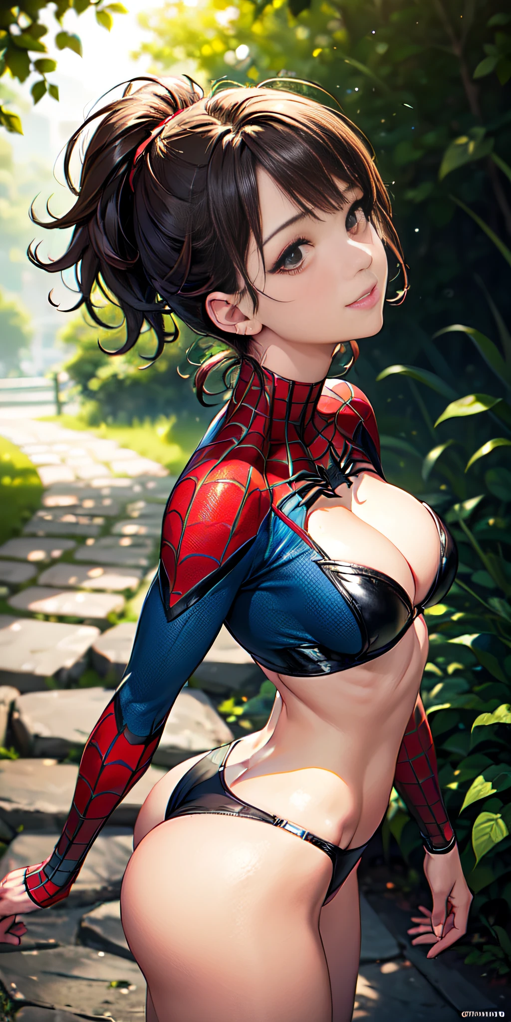 (cowboy shot, looking up), (spider-man suit), nsfw, front view, best quality, masterpiece, movie grain, filmg, solo1girl, looking at viewer, natural skin texture, realistic intricate details of eyes and face, full lips, (makeup), red eye shadow, short fluffy hair, messy hair, smile, closed mouth, beautiful legs, tall woman, skinny, slim_legs, alone, huge chest, cleavage, (pose with buttocks facing ti), beautiful nature location, around flower location, (detailed background), cleavage, Show a small cleavage through the shirt, blurred background, blurry, depth of field, rear side solar lighting, canon eos 50mm camera