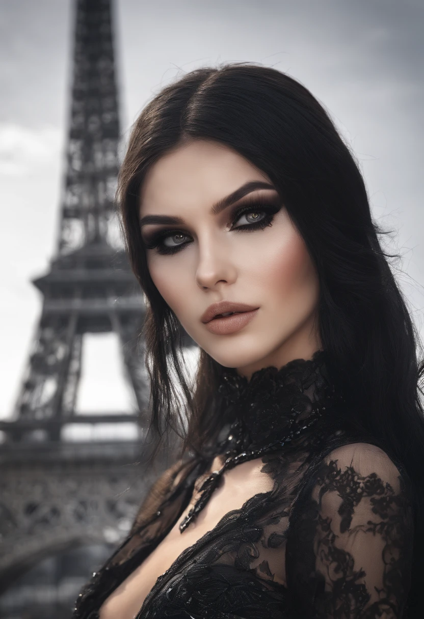 a european woman in a black expensive latex dress posing for a picture, indoor, in front of the Eiffel Tower, night, flowers, smile, mixed Vietnamese, background blur, focus, professional photography, dynamic angle shot, film grain, bokeh, ray tracing, dynamic lighting, tilt camera, from front shot, lens flare,
(((masterpiece))), ((best quality)), NSFW, ((intricate detailed)), ((realistic)), (50mm Sigma f/1.4 ZEISS lens, F1.4, 1/800s, ISO 100, photograpy:1.1), perspective, highly detailed, illustration, 2 girls, big breasts, beautiful detailed eyes, long hair, bang, brown hair, brown eyes, black choker, earrings, detailed background, perfect eyes, seductive eyes, looking at the viewer, from front, wearing goth makeup, (no tattoos), goth girl aesthetic, goth aesthetic, goth makeup, goth vibe, gothic horror vibes, dark goth queen, goth girl, gothic makeup, dark hair and makeup, gothic aesthetic, very beautiful goth top model, gothic eyeliner, goth asthetics, goth woman, dark makeup,