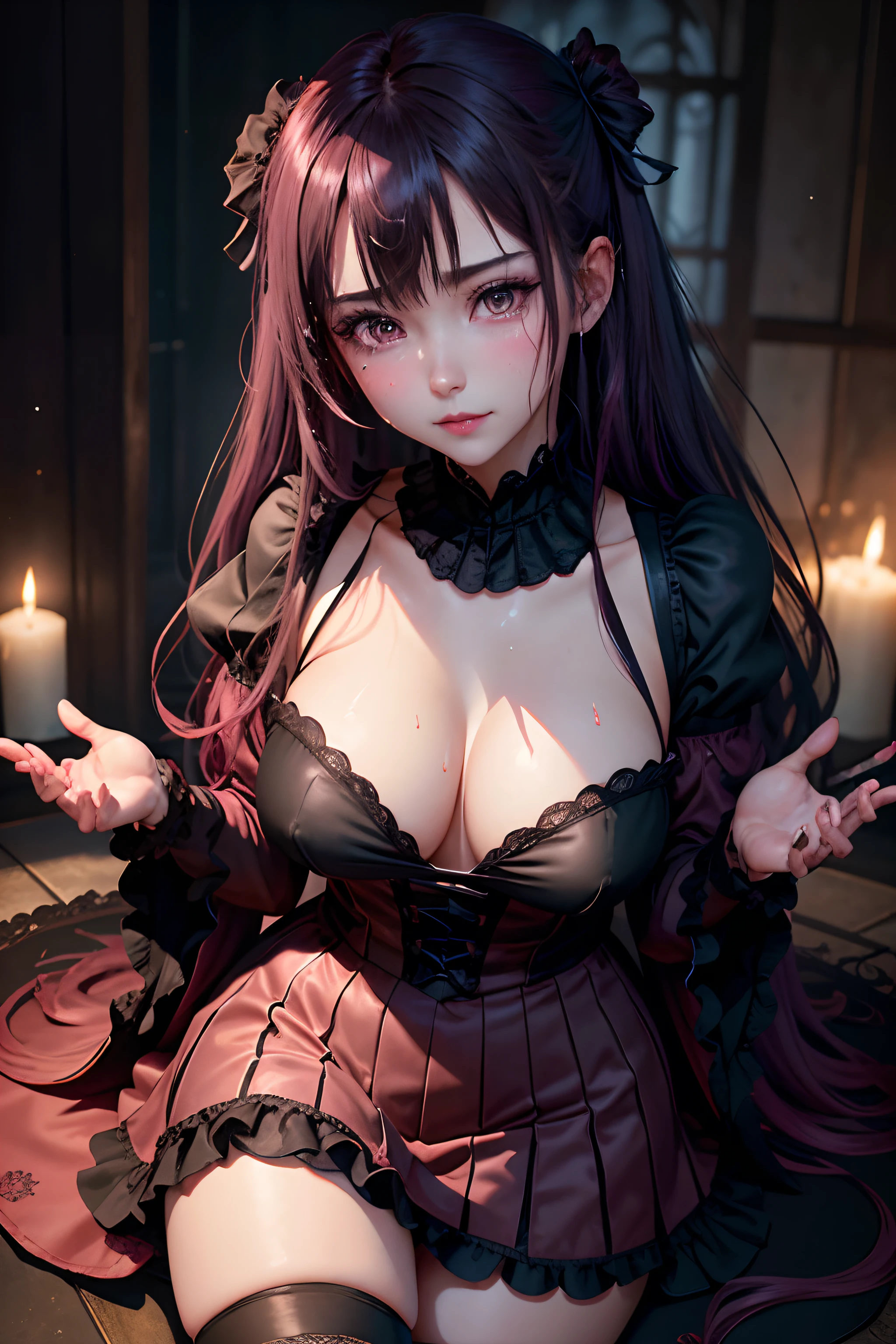 A sexy、A slight smil、garterbelts、knee high socks、panthyhose、Beautifying the world、Unhappy、Lament my night's fantasy、Transcendent beauty、Beautiful shape、wretched、ghosts、wraiths、Evil Spirit、Beautiful、boredom、Unusual beauty、Bewitching、Fornication、Hard Dark Gothic Makeup、Maniacal、Deep night sky、horor、twin-tail hair、Black Dark Eyeshadow、slaves、crying how bright、mourn、Sad songs、Good skin luster、Lace pink、Long hair straight hair、Dark Gothic Makeup、Dark smile、Restless Palace、Expressions of sexual arousal、Fragrant beauty、18year old、carriage、Lying、seductiv、 Strong sexual pleasure facial expressions、A look of shame、open the legs widely、Dark Gothic、Gothic ta、Dark purple hair、masturbation、bell sleeves、Wizard Sleeve、Obscene look、Stained glass background、masutepiece、Best Quality、Ultra-detailed、Refers to 5 books、Sweat glitters on my chest、Glitter of sweat on your face、Massive sweat glitter on the thighs、Expression of sexual pleasure in anguish、Sweating profusely、Quite an inebriated face、maid clothes、Gothic Long Dress、Black ruffled skirt、Apply blush on cheeks、Pink atmosphere、Pink hair、bewitching poses、