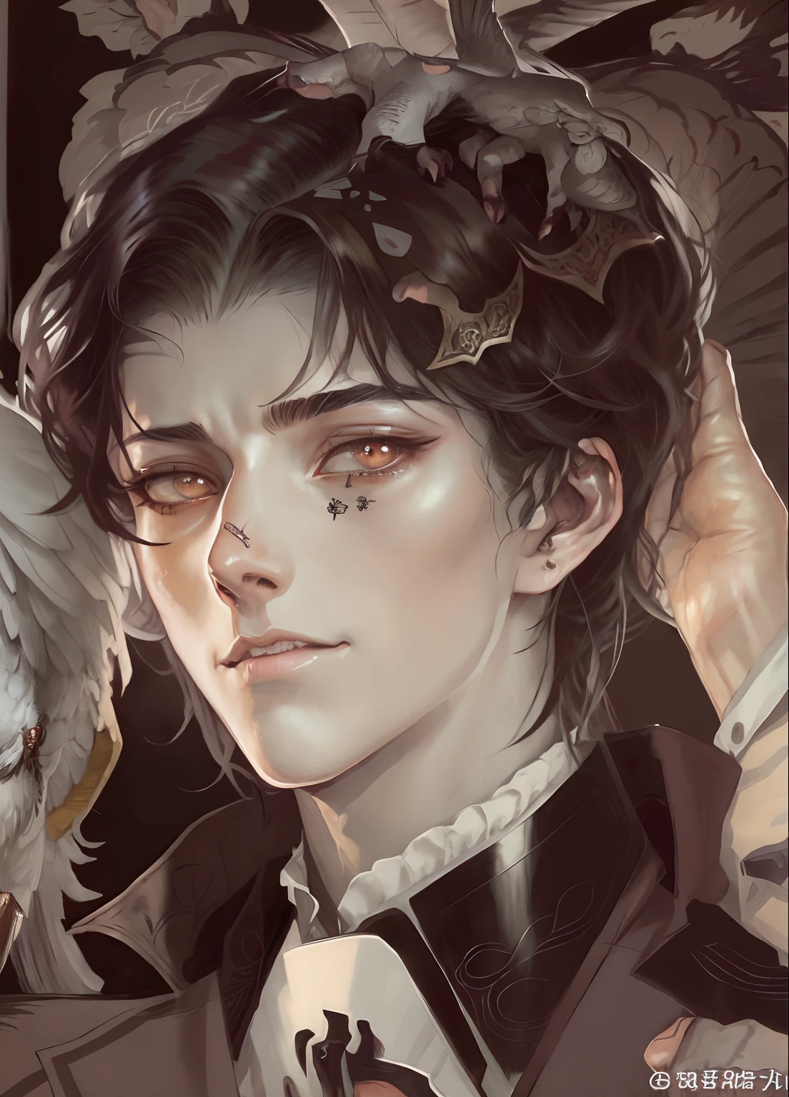 anime image of a man and a woman with a bird on their head, handsome guy in demon slayer art, delicate androgynous prince, anime portrait of a handsome man, highly detailed exquisite fanart, kentaro miura manga art style, artwork in the style of guweiz, beautiful androgynous prince, kentaro miura art