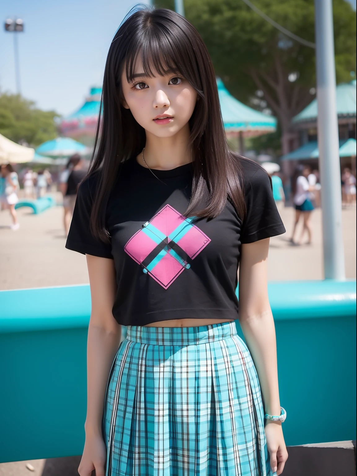 wariza，年轻，(Turquoise check skirt)，(Black T-shirt)，teens girl，Delicate body，petite body，small tits，tiny chest，A dark-haired，Very Longhair，An amusement park