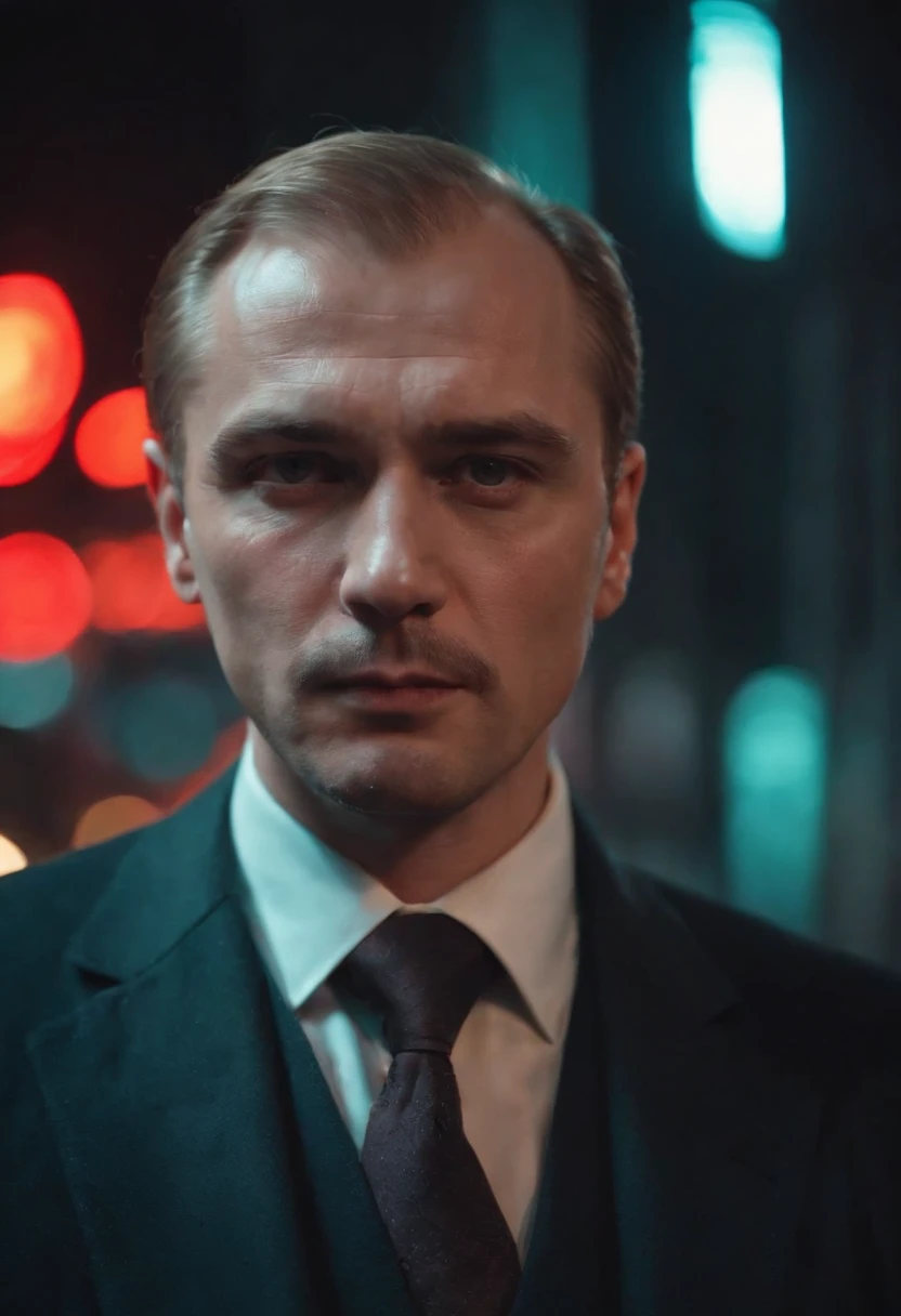 Noir Neon Tones of Photography, a photo of a Russian mafia boss in the 1990s in Moscow in the style of Moscow in the 90s