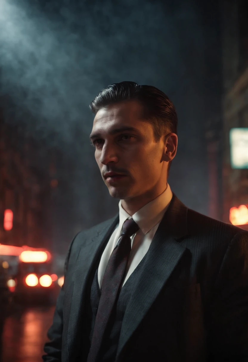 (best quality,highres,masterpiece:1.2),ultra-detailed,realistic,portrait,black and white,gritty atmosphere,dark shadows,neon lights,1990s Moscow,mafia boss,photograph,street scene,russian mafia,sharp suits,smoky room,urban decay,cityscape,grimy streets,gold chains,dramatic lighting,heavy cigarette smoke,gangster,menacing look,powerful presence,confident stance,wisps of fog,dangerous aura,vintage cars,seedy alleyways,intense expression,flashing neon sign,urban nightlife,retro vibe,high contrast,glowing red lights,mysterious ambiance