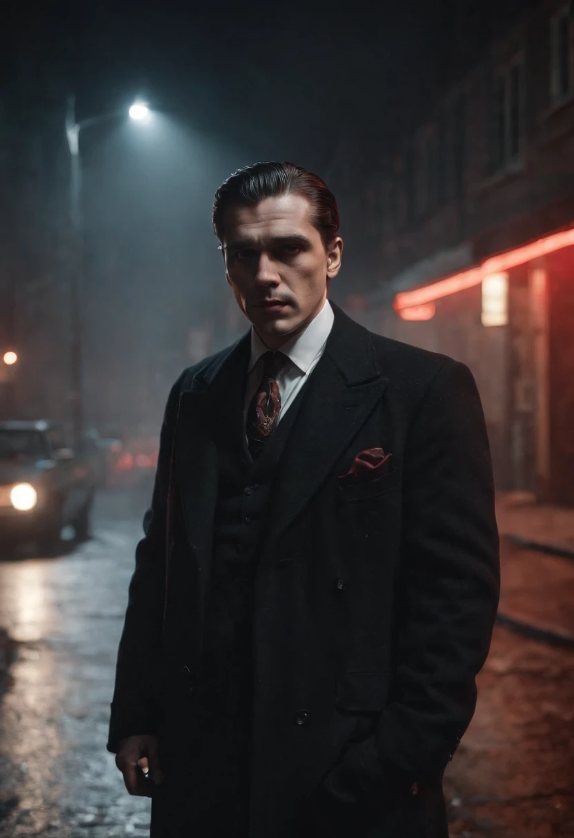 (best quality,highres,masterpiece:1.2),ultra-detailed,realistic,portrait,black and white,gritty atmosphere,dark shadows,neon lights,1990s Moscow,mafia boss,photograph,street scene,russian mafia,sharp suits,smoky room,urban decay,cityscape,grimy streets,gold chains,dramatic lighting,heavy cigarette smoke,gangster,menacing look,powerful presence,confident stance,wisps of fog,dangerous aura,vintage cars,seedy alleyways,intense expression,flashing neon sign,urban nightlife,retro vibe,high contrast,glowing red lights,mysterious ambiance