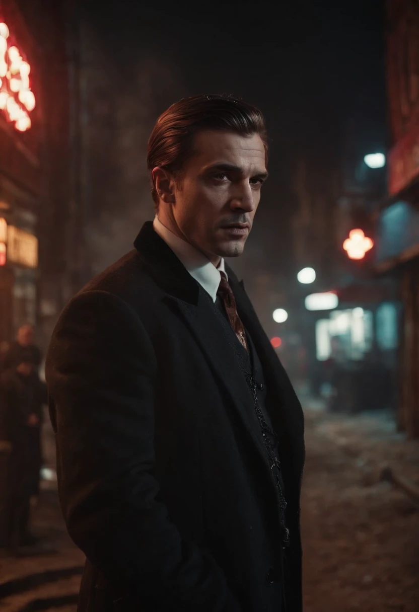 (best quality,highres,masterpiece:1.2),ultra-detailed,realistic,portrait,black and white,gritty atmosphere,dark shadows,neon lights,1990s Moscow,mafia boss,photograph,street scene,russian mafia,sharp suits,smoky room,urban decay,cityscape,grimy streets,gold chains,dramatic lighting,heavy cigarette smoke,gangster,menacing look,powerful presence,confident stance,wisps of fog,dangerous aura,vintage cars,seedy alleyways,intense expression,flashing neon sign,urban nightlife,retro vibe,high contrast,glowing red lights,mysterious ambiance