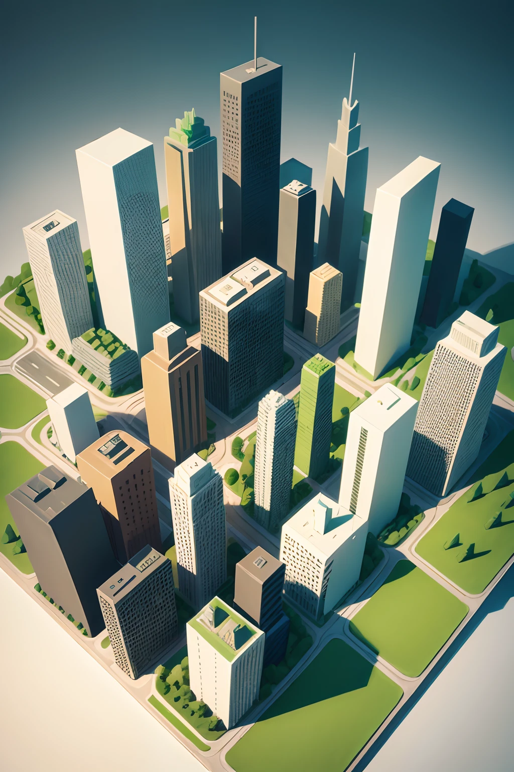 lowpoly toy city with plain white paper tall buildings and green roads looks like a manhattan from above isometric view